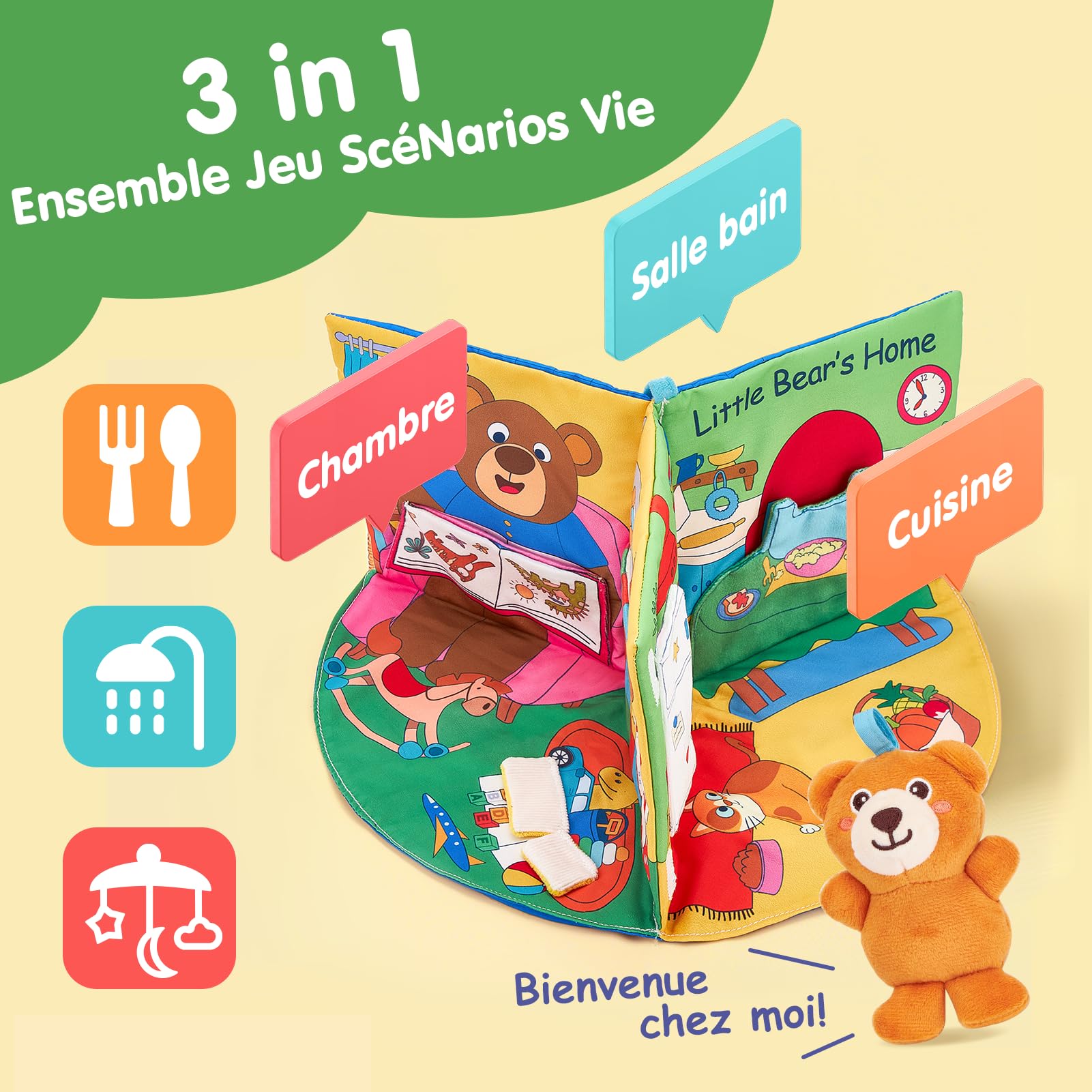 hahaland Livre Tissu Bebe Eveil 1 an - Livres activite sensoriel tactiles Bebes, Jouets Tissu Temps sur Ventre de 6 9 12 18 Mois, Livre interactif bébés 6-12 Mois, Cadeau garçon Fille Enfant 1 an