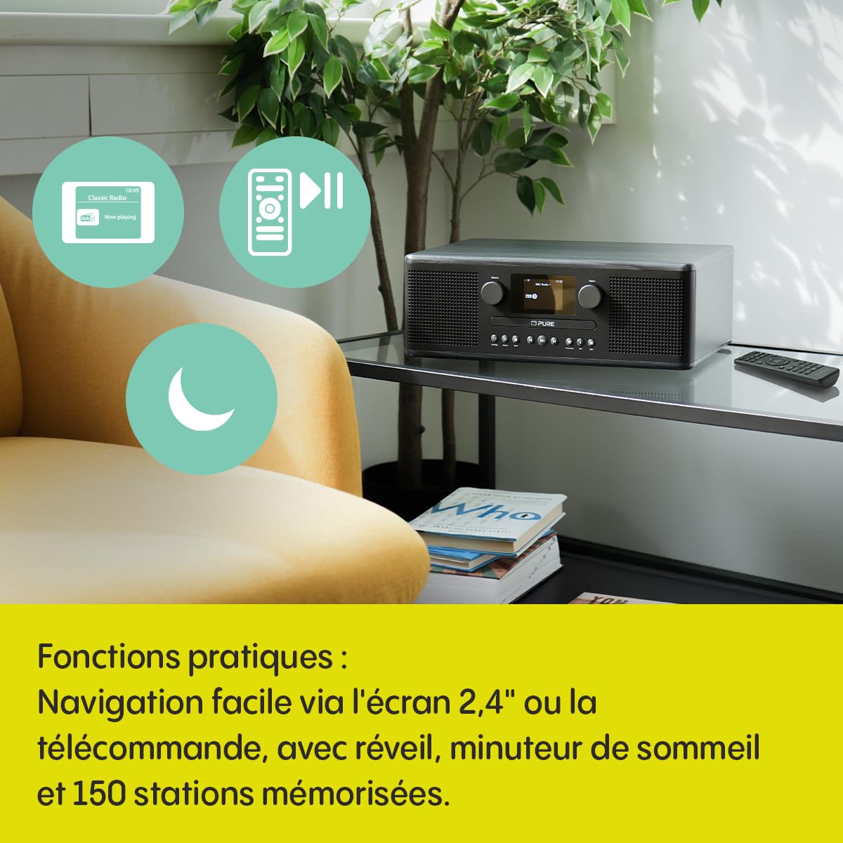 Pure Classic C-D6i – Radio Internet Tout-en-Un avec WiFi, Dab+/FM, Bluetooth 5.3, Lecteur CD, USB, AUX, 150 Stations préréglées, Son stéréo 2x15W, écran Couleur, réveil et minuterie – Noir