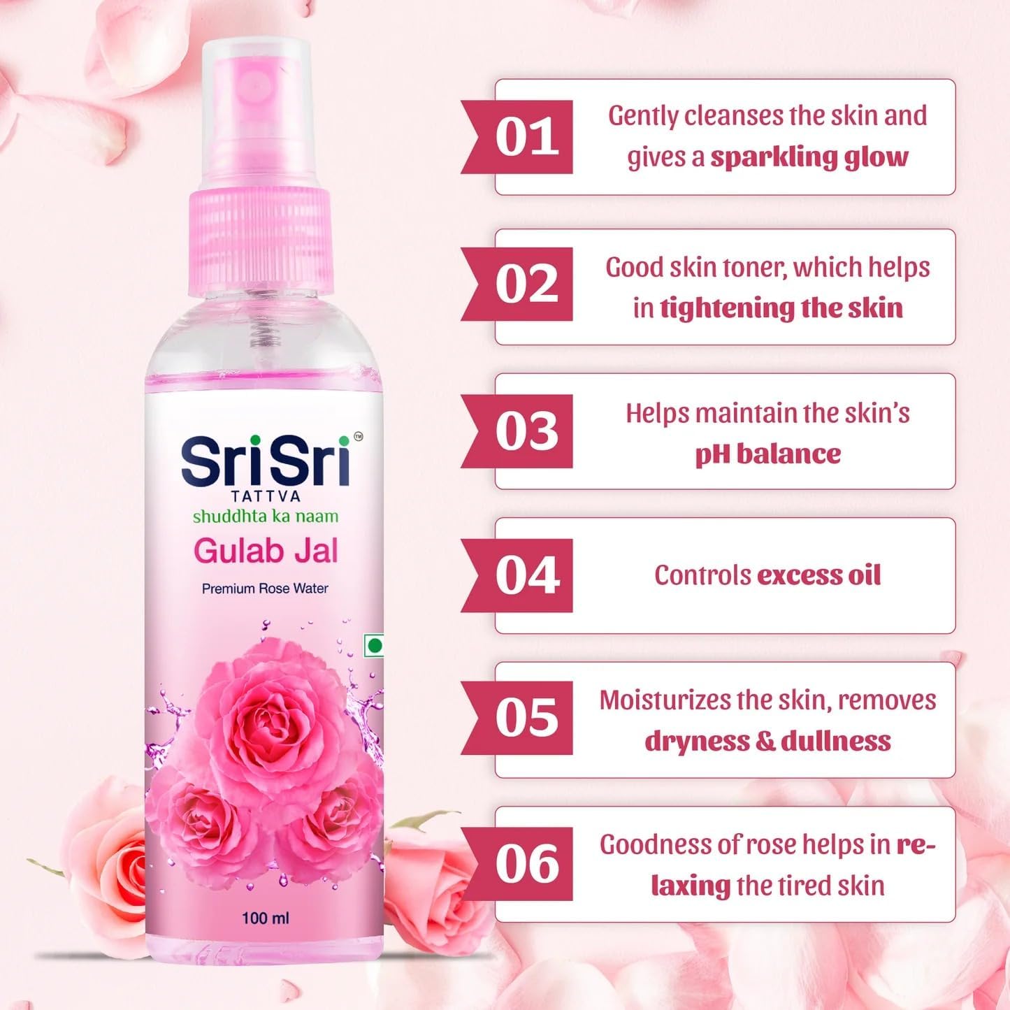 Sri Sri TATTVA shuddhta ka naam Gulab Jal Spray, 100ml (Pack of 4) - Pure Rose Water Mist for Hydrated, Glowing Skin - Premium Toner & Cleanser for Soft, Smooth Skin 1