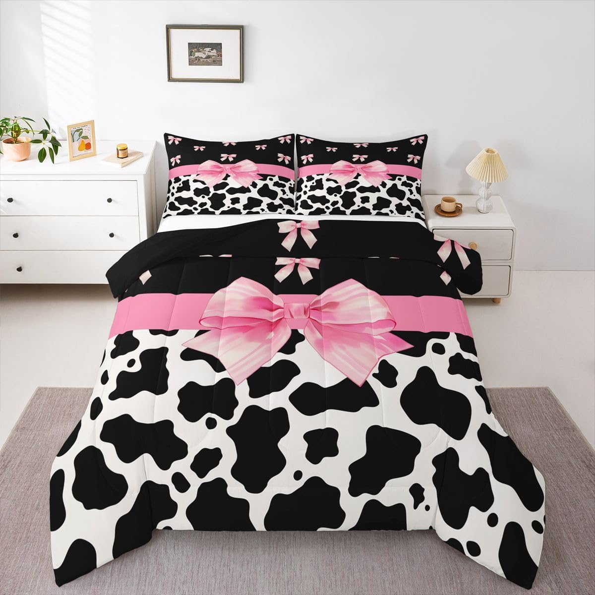 Feelyou Pink Bow Kids Comforter Set Queen Size Cow Print Bedding Set Black White Duvet Quilt for Kids Boys Girls Bedroom Cartoon Milk Cow Decor Microfiber Ultra Soft Breathable