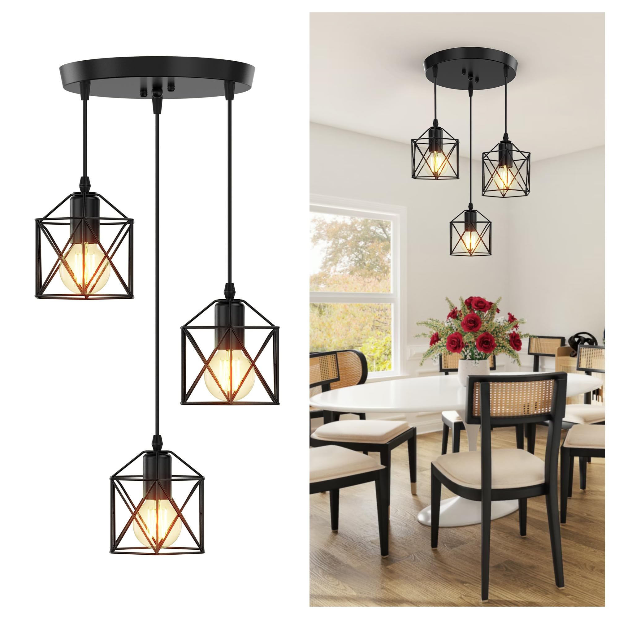 3 Light Pendant Lighting Farmhouse Hanging Light Fixture for Kitchen Island Dining Room Industrial Vintage Ceiling Lamp with