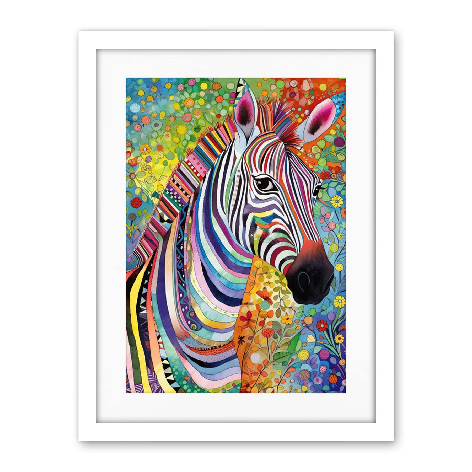 Artery8 Folk Art Zebra Colourful Flower Boho Artwork Framed Wall Art Print 18X24 Inch