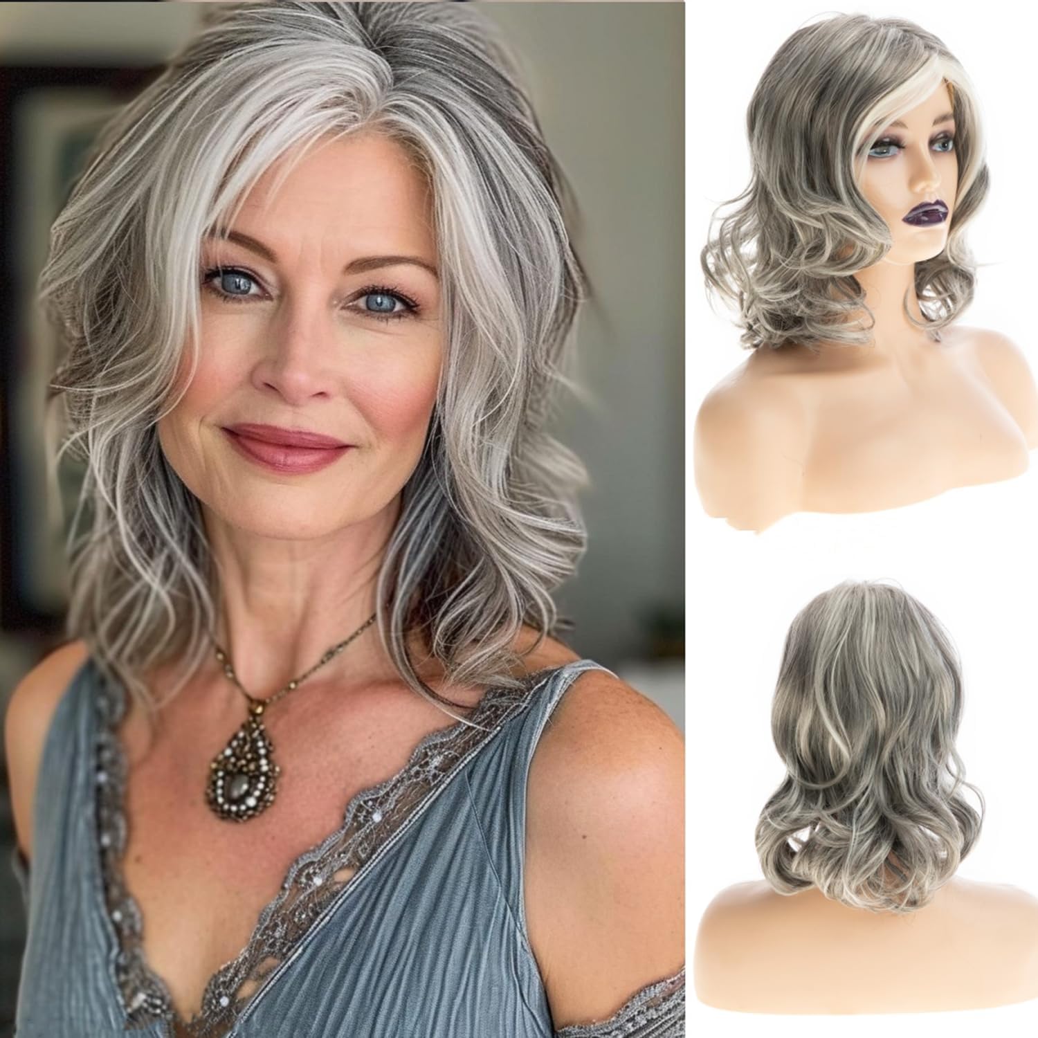 BeweigWhite Mixed Gray Wig for Women Medium Length Curly Layered Wig Natural Looking Heat Synthetic Middle Part Gray Wigs for Daily Party Use