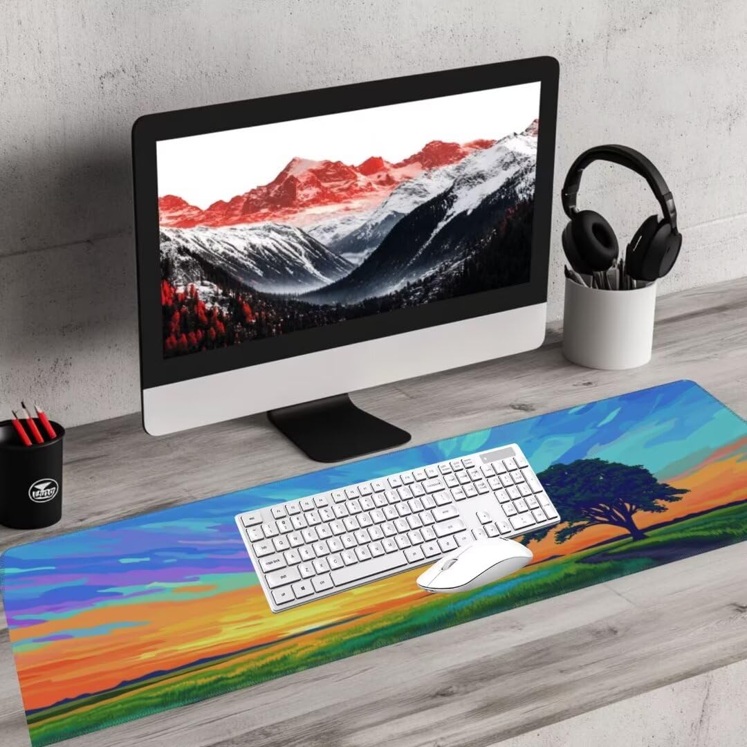Tappetino Mouse Dipinto Gaming Mouse Pad Paesaggio Tappetino Mouse XXL 1200×600×3MM Migliora La Precisione e La Velocità Tappetino Scrivania con Base in Gomma e Bordi Cuciti per Ufficio e Gaming