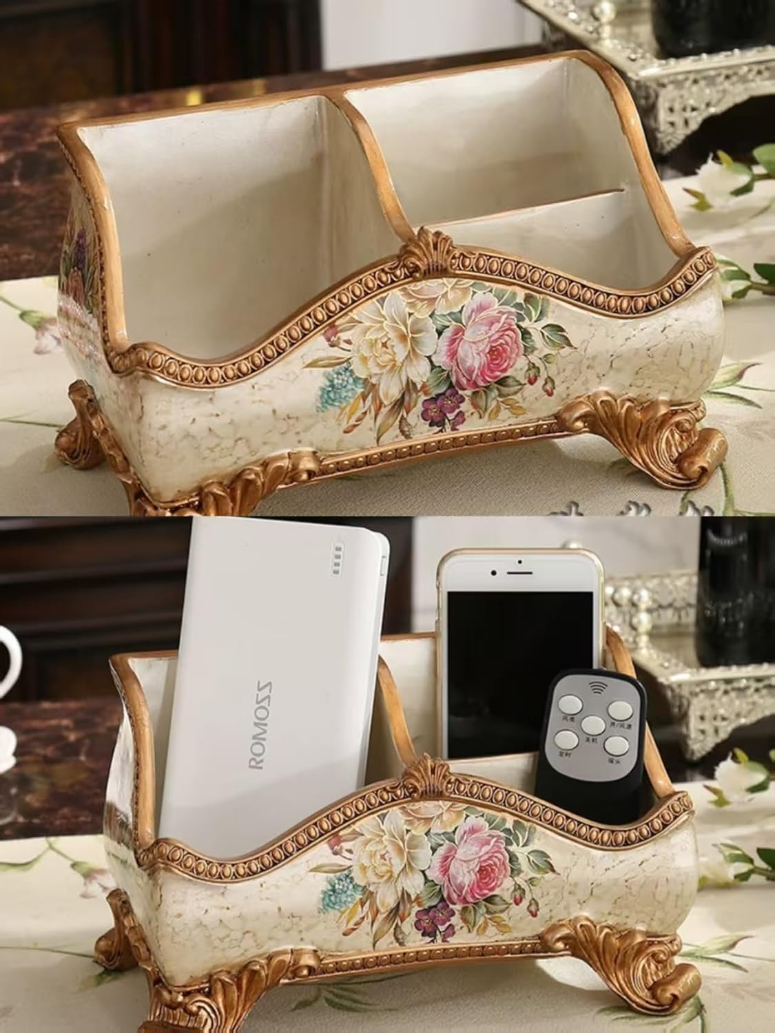 Vintage Floral Decorative Remote Control Holder, Dual Compartment Storage Box, Ornate Victorian Design (Milk white)
