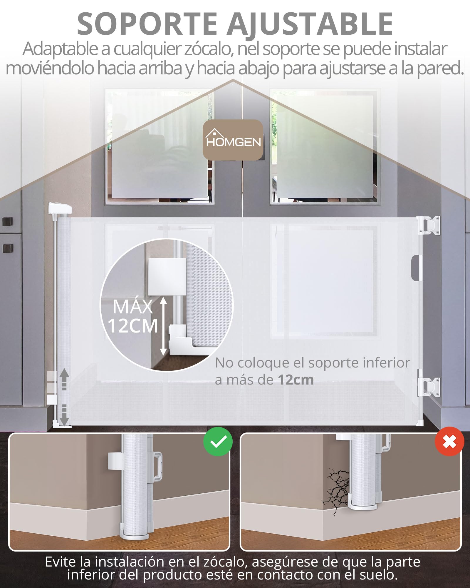 HOMGEN Barrera Seguridad Niños Escalera 0-140cm Puerta Seguridad Bebé Extensible - Protección Ajustable para Niños y Perros con Fibra de Vidrio, Bloqueo Seguro y Base Regulable