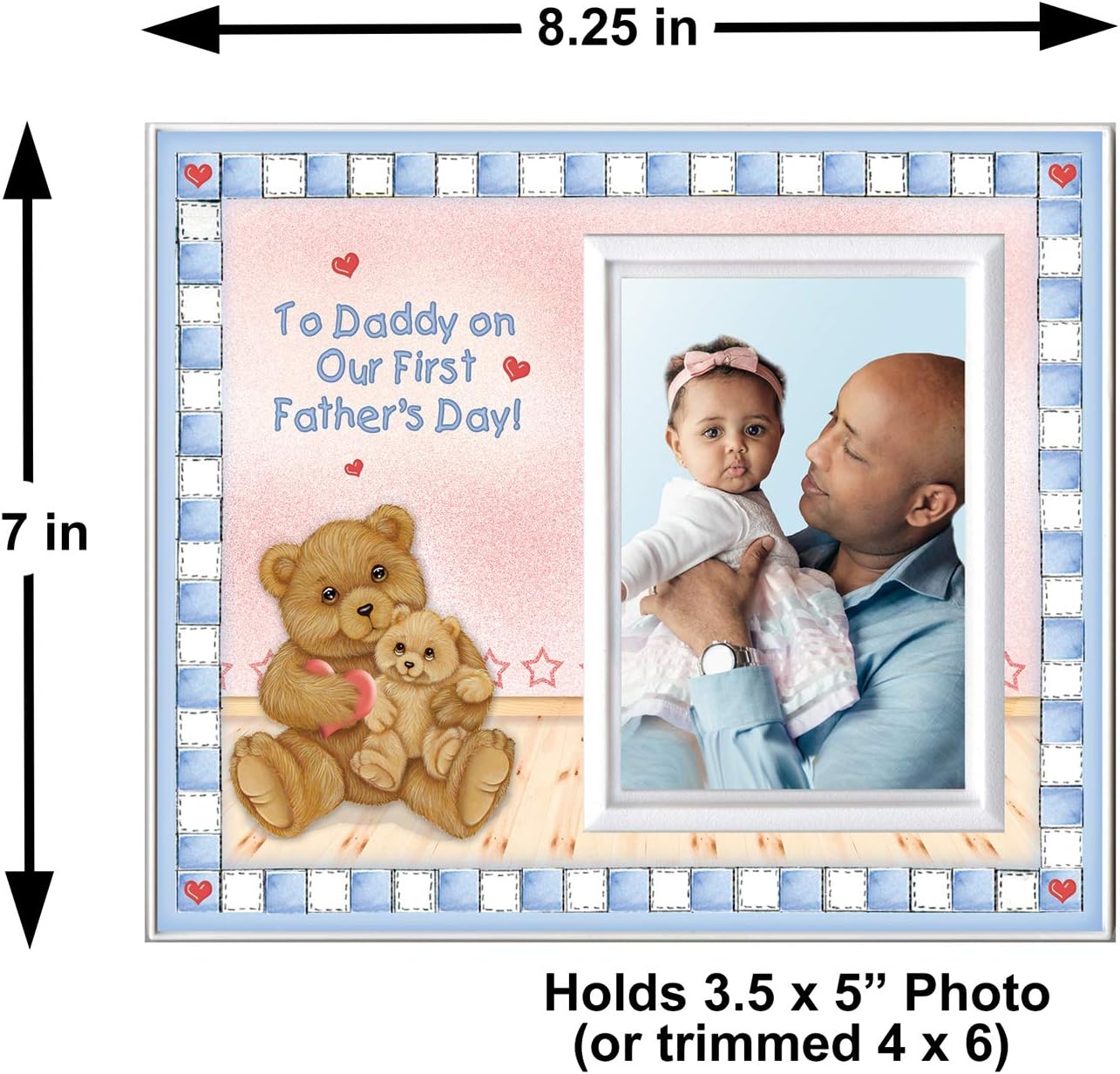 Fathers Day Picture Frame | "To Daddy on Our First Fathers Day" | Special for First-Time Dads | Sized for Dad's Desk 8.25 x 5 in | Holds 3.5 x 5 Photo | Cute Picture Frame Bear-Hearts Design image 4