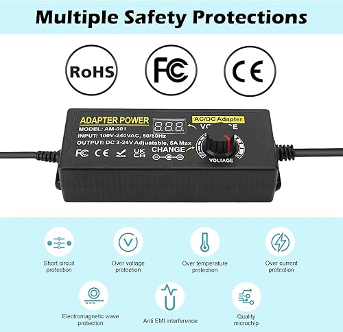Miniatura 3 de Adaptador de corriente ajustable, Towisituati Universal 3V  24V Fuente de alimentación 5A 120W ACDC Variable AC 100V-240V Adaptador de fuente de