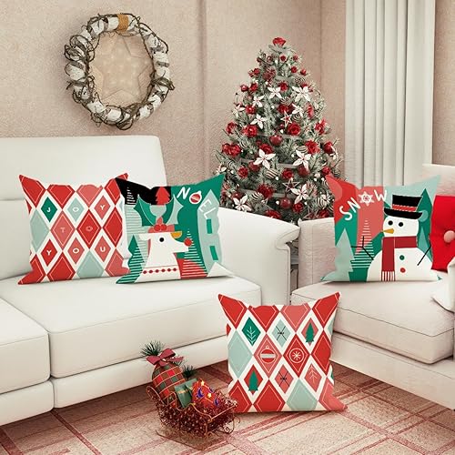 Miniatura 2 de Juego de 4 fundas de almohada decorativas de lino con diseño geométrico de muñeco de nieve, alce de árbol de Navidad, a cuadros, rojo y verde, de 18