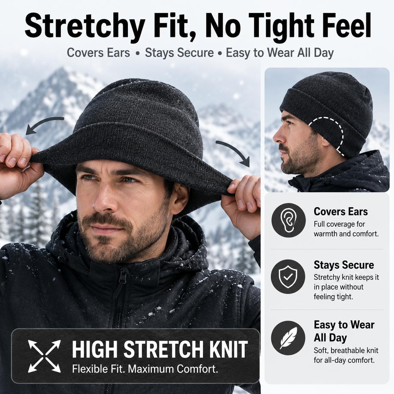 XXL Oversized 100% Merino Wool Beanie Hat for Men & Women, Extra Large Warm Winter Cap for Big Heads, Stretchy Knitted Cap
