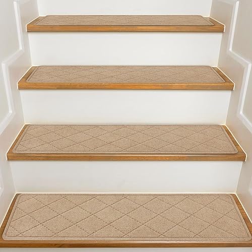 Miniatura 17 de Peldaños de escalera para escalones de madera interior, paquete de 15 unidades de 8 x 30 pulgadas, alfombra antideslizante con adhesivo reutilizable