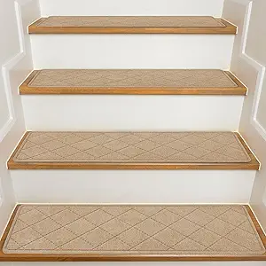 Stair Treads for Wooden Steps Indoor, 15 Pack 8" X 30" Non Slip Carpet Stair Treads with Reusable Adhesive for Kids Elders and Dogs, Surface Polyester TPR Backing Stair Rugs, Beige