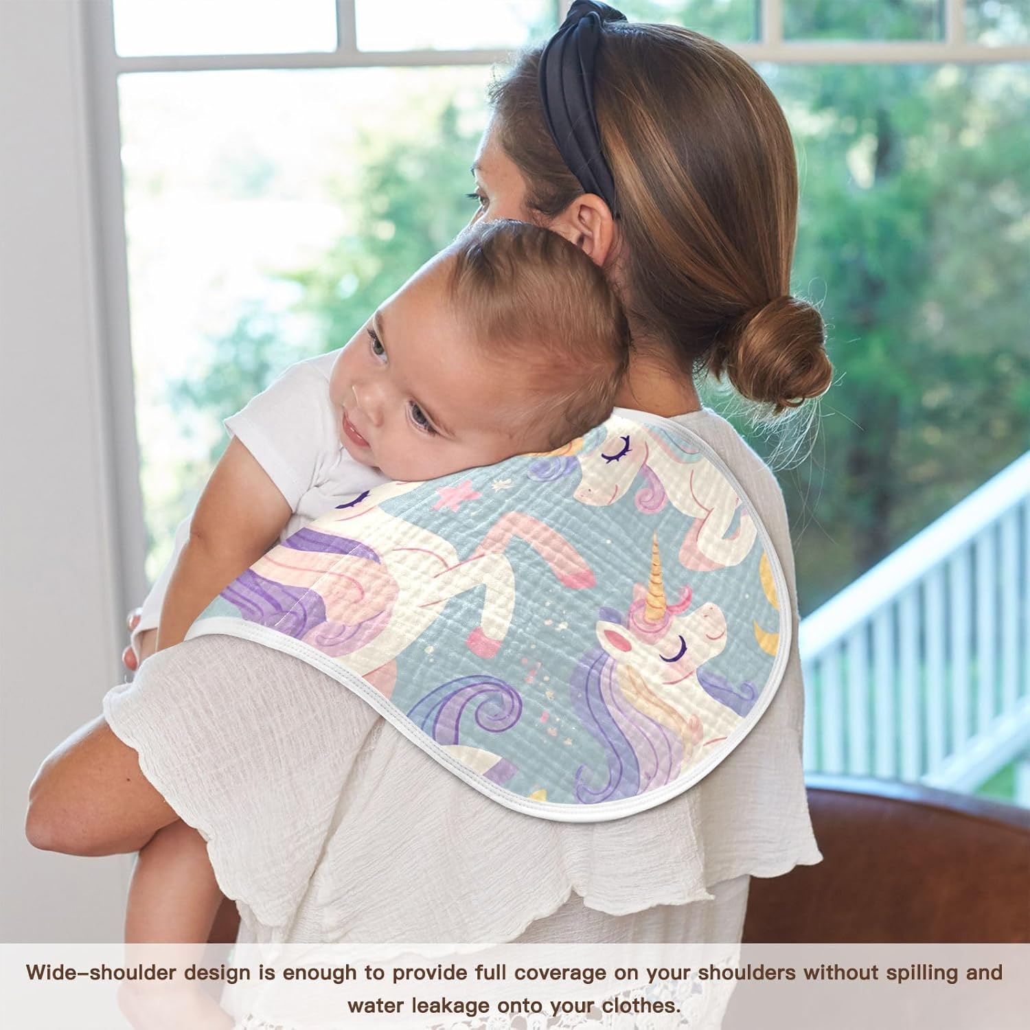Purple Unicorn Muslin Burp Cloths 22x11 Inch - 4-Layer Organic Cotton & TPU Waterproof Lining, Absorbent Baby Bibs for Boys/Girls with Hanging Loop