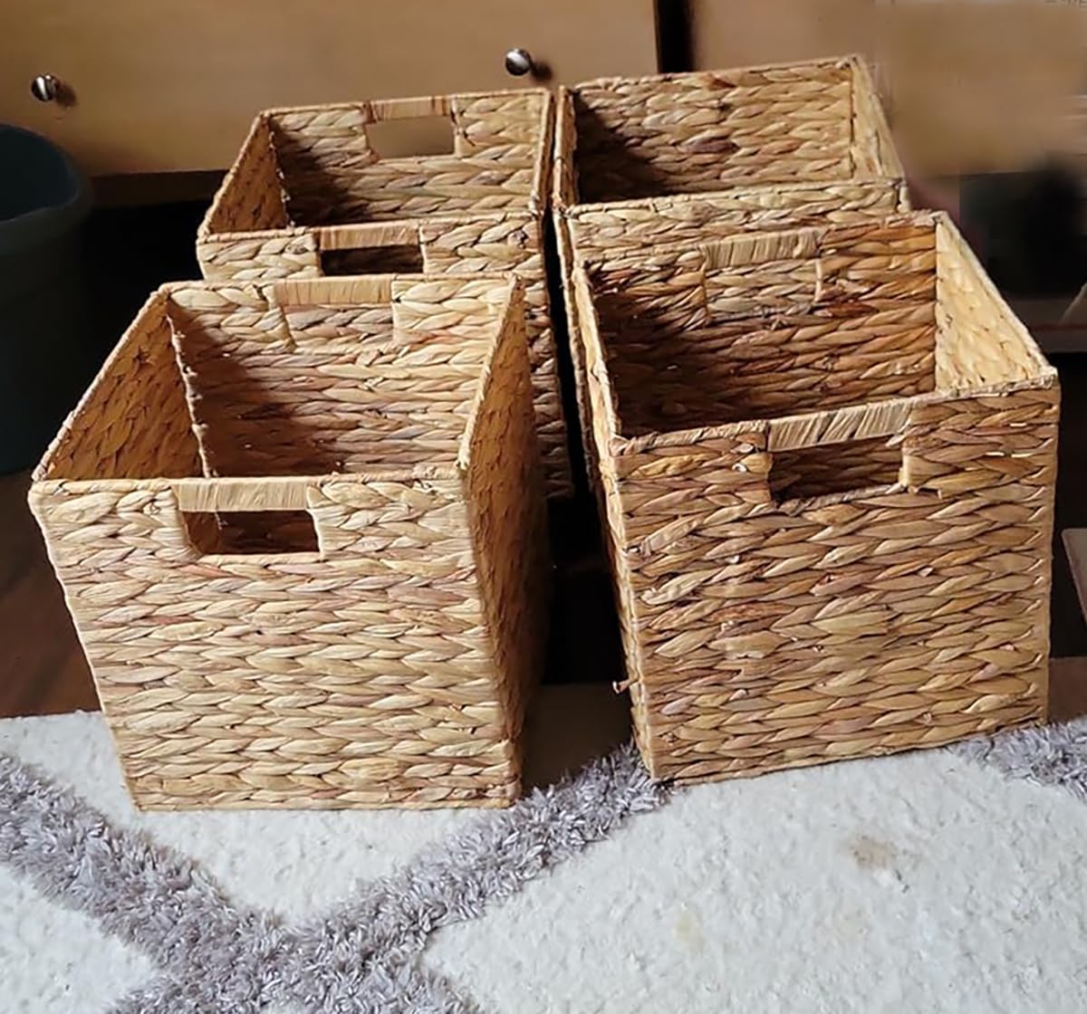 Set of 2 Storage Baskets Wicker Cube Baskets Foldable Handwoven Water Hyacinth Laundry Organizer,10.5 * 10.5 inches Woven Baskets, Wicker Storage Basket, Water Hyacinth Storage Baskets (2) - Image 2