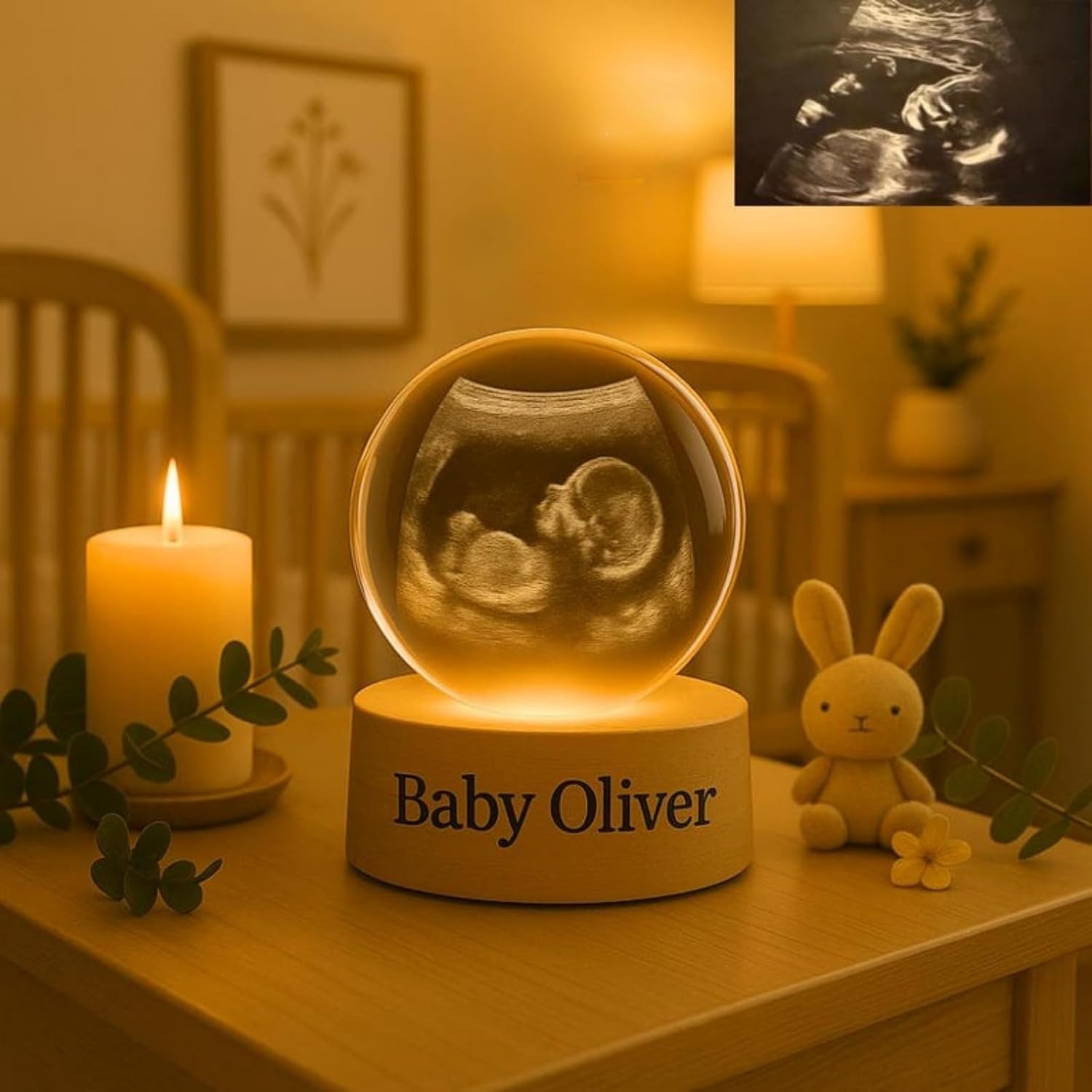 Personalized Ultrasound Crystal Ball Night Light,Custom 2D PhotoLED Crystal Ball Keepsake,with Luminous Wooden Base,Unique and Moving Pregnancy Announcement Gift (8cm .15")