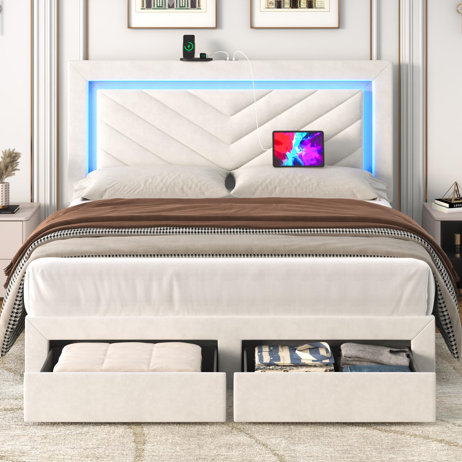 Incyneva Upholstered Queen Bed Frame with LED Headboard and Storage Drawer, Velvet Platform Bed Frame Queen Size with Charging Station, Adjustable