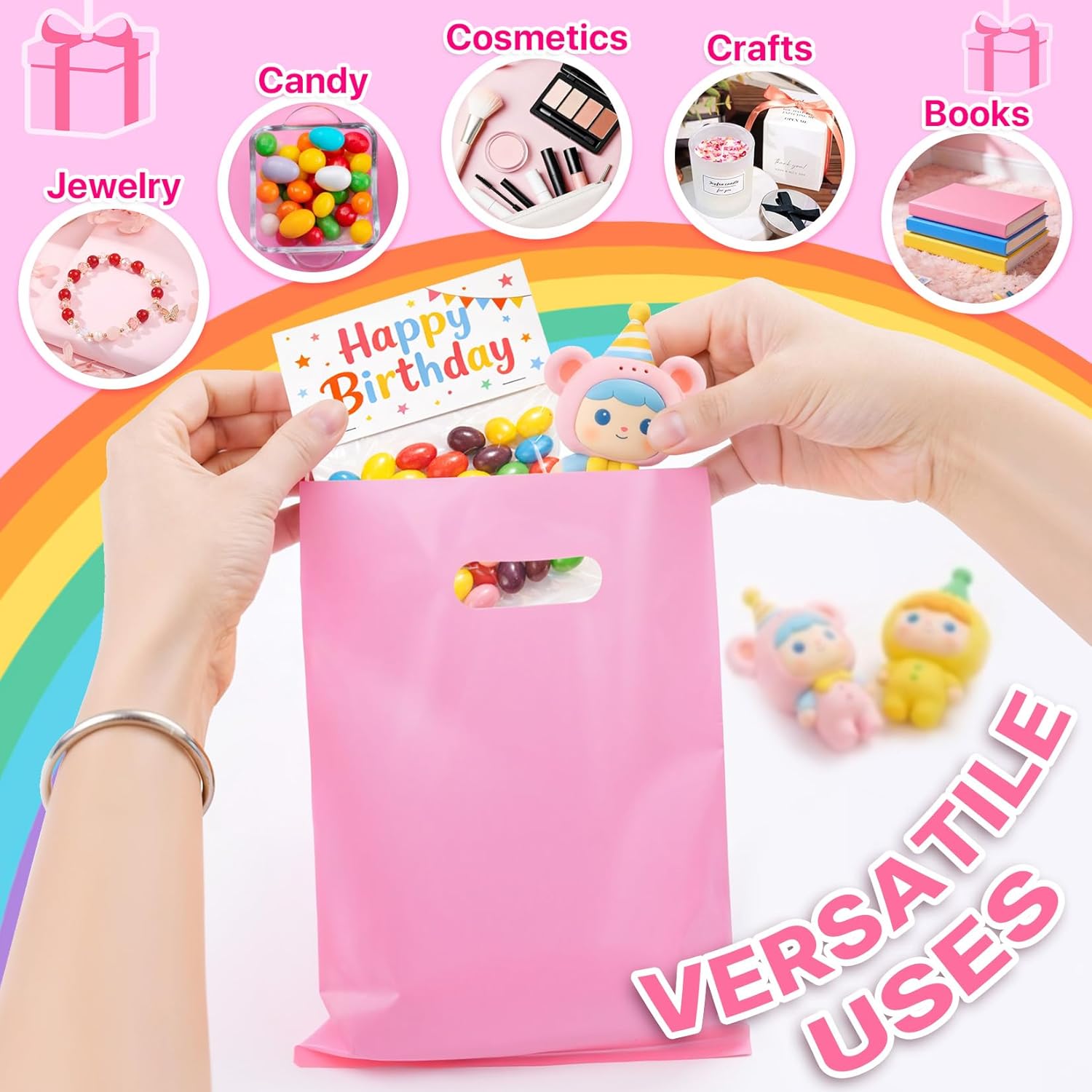 ANZNKU 50 PCS Multicolor Party Favor Bags 8"x11", Goodie Bag for Candy Book Jewelry Craft, Plastic Gift Bags with Die Cut Handles for Birthday, Valentine, Wedding, School Events & Small Business - Image 6