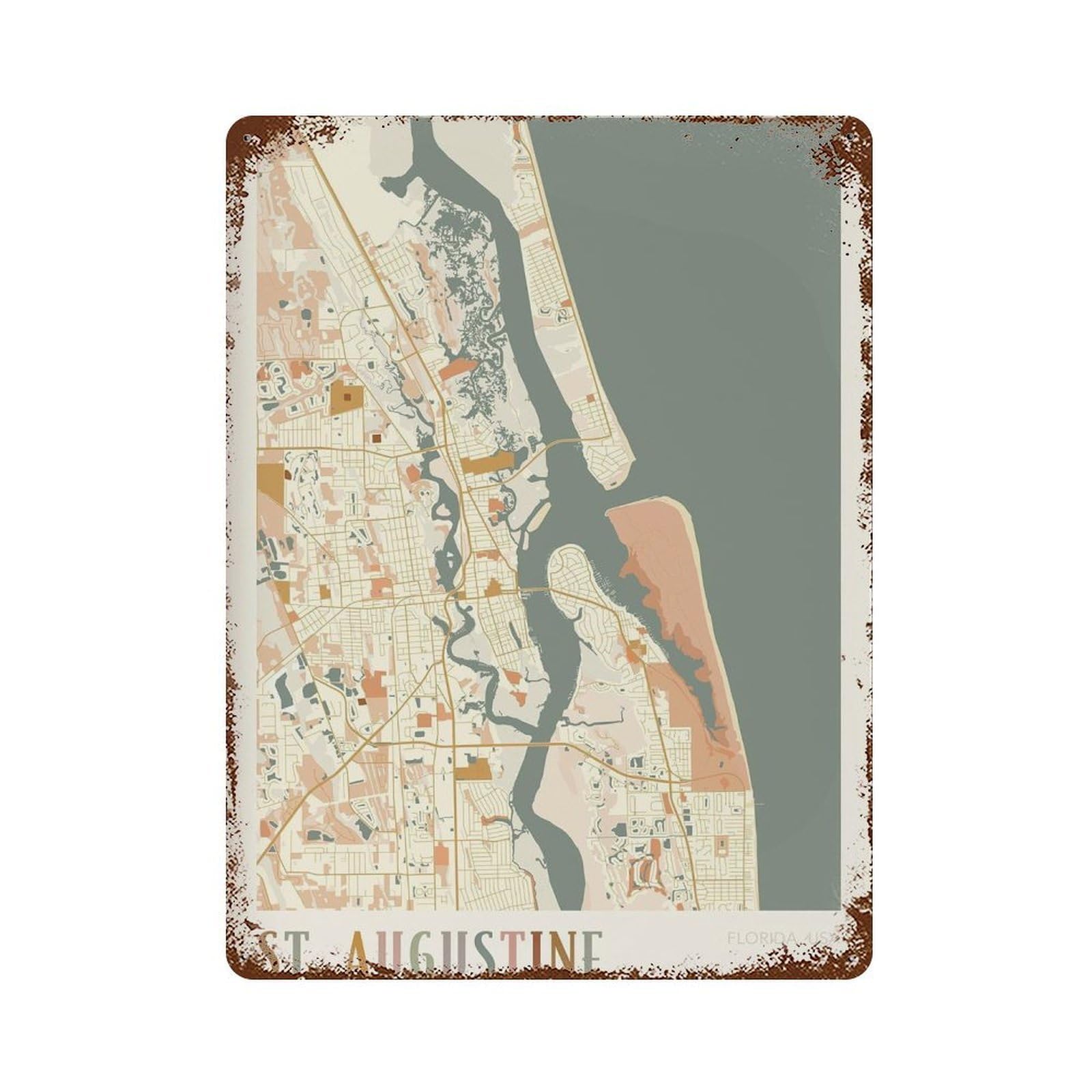xiaoxiaoshen St Augustine Map Florida Travel Gift Boho Wall Decor Art Metal Tin Poster Modern Home Decor Art Home Bar Shop Decorations Vintage Sign 40x30cm