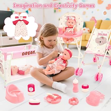 deAO Baby Doll Stroller Toy Set 12 Doll Crib & High Chair Nursery Role