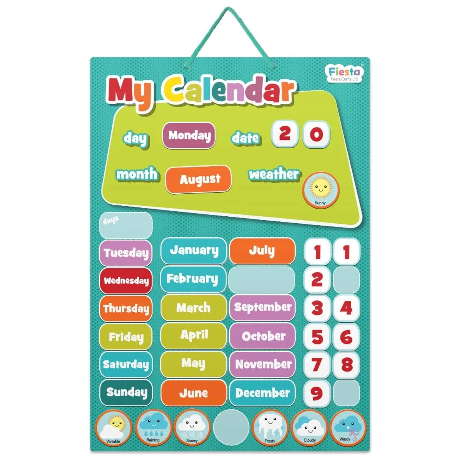 Fiesta Crafts Magnetic Calendar for Kids - Colourful, Engaging, & Educational Days of the Week Chart with Moveable Numbers, Months, & Weather Pieces - Interactive Learning Board for Toddler & Children