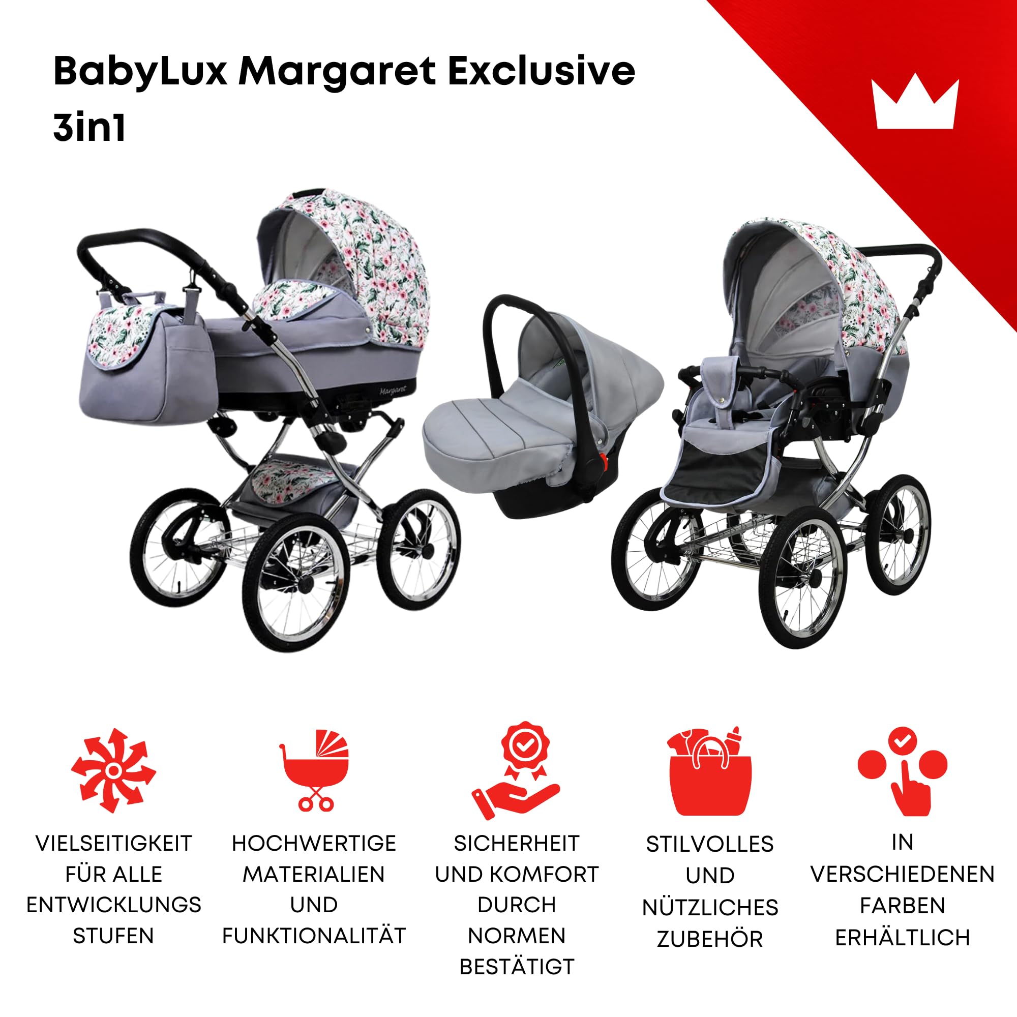BabyLux® Wózek dziecięcy kompletny zestaw 3 w 1 - Margaret Exclusive - w tym gondola dla niemowląt, wędka, fotelik samochodowy - system kombinowany dla niemowląt, z torbą do przewijania, osłoną