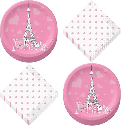 Paris Party Supplies - Platos de postre y servilletas de papel con diseño de flor de lis francesa "I (Heart) Paris" (16 platos y servilletas)