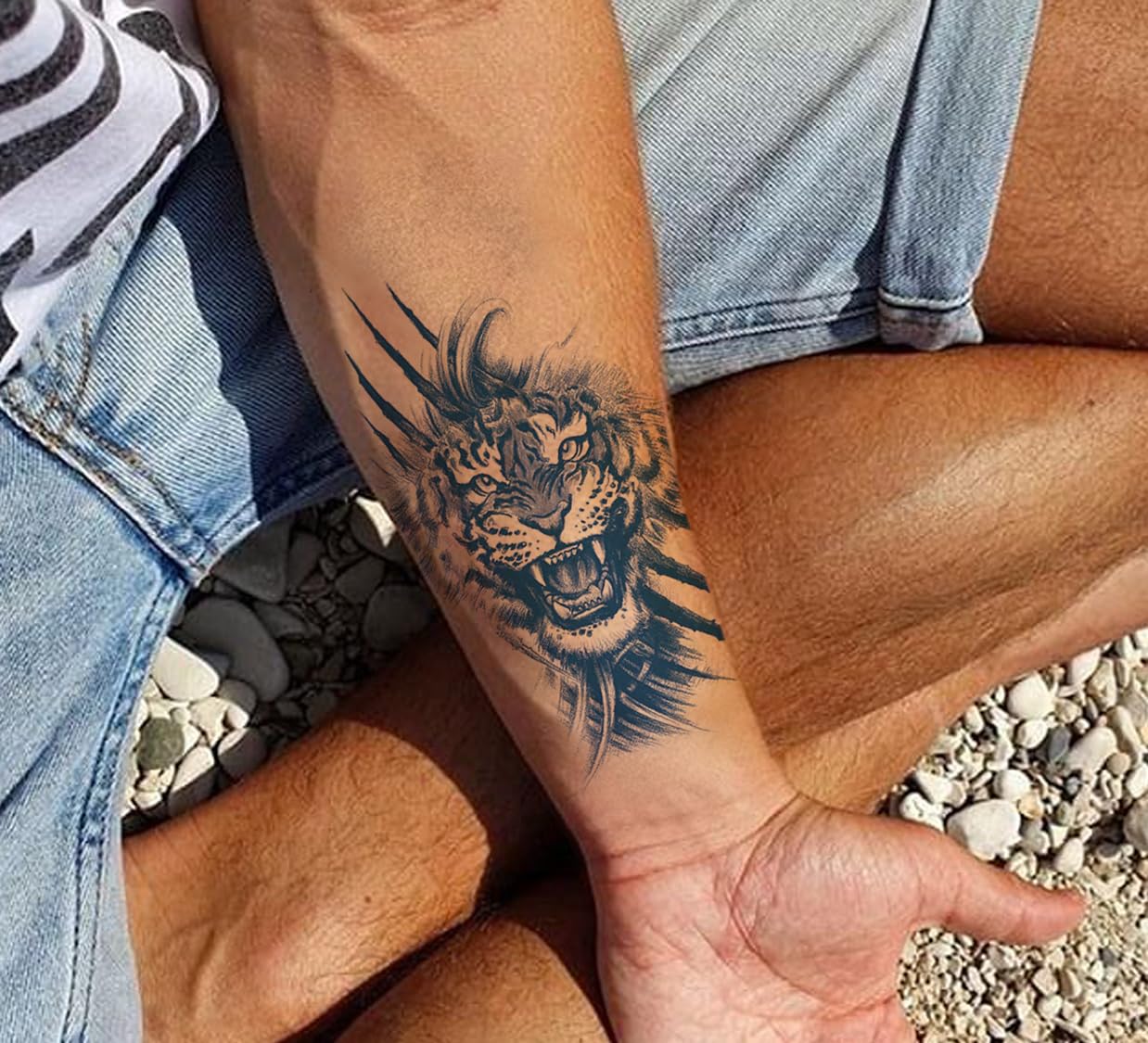 Semipermanent Temporary Tattoo Stickers 20-25 days Lifespan For Men Women Boys & Girls Waterproof 3D Realistic Roaring Tiger Tatto Sticker Blue Coloured Temp Watertransfer Size-18X11cm GZ-819-image-28