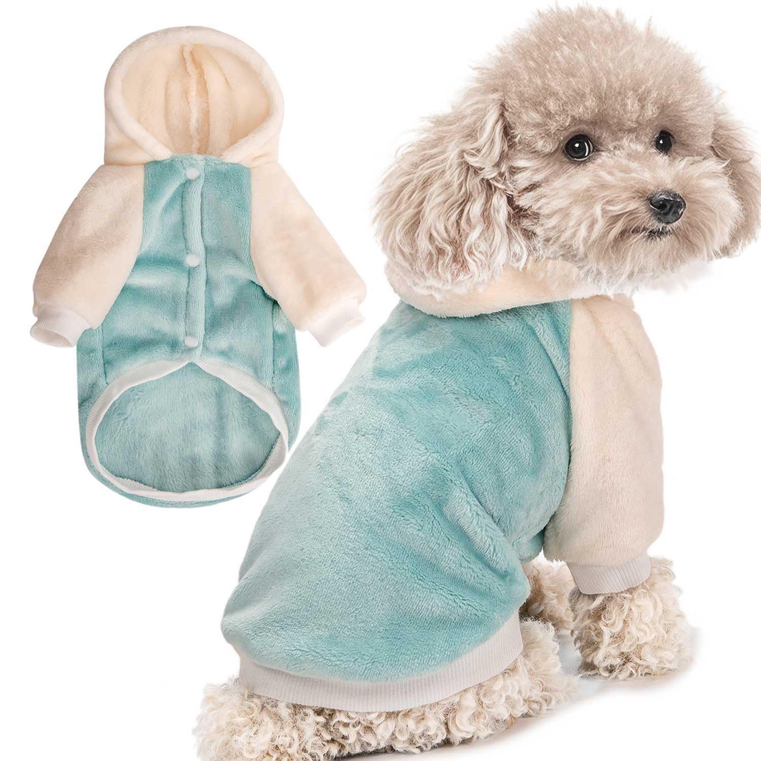 FabriCastle Dog Hoodie Sweater for Small Dogs Boy and Girl, Small Dog Clothes XS XXS Puppy Sweatshirt, Pet Outfit, Cat Clothing Super Soft Warm Snap On Closure (Green-Cream, X-Small)