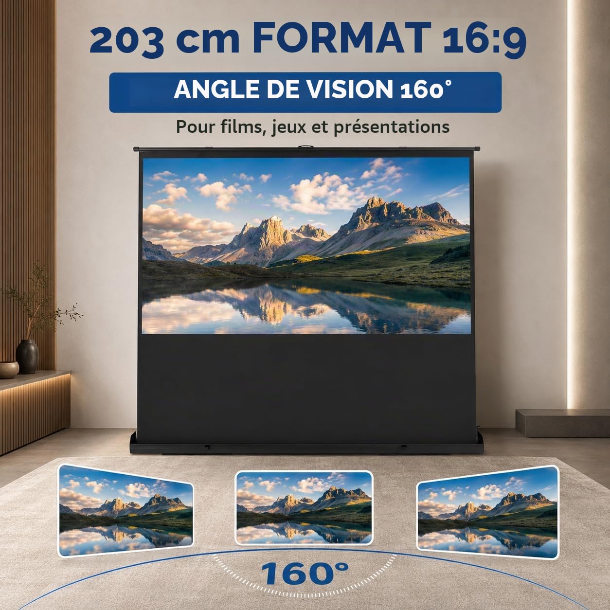 Écran de projection HD 80" sur pied - Blanc mat - Rétractable - Pour la maison et l'école - 16:9 - 170 x 100 cm