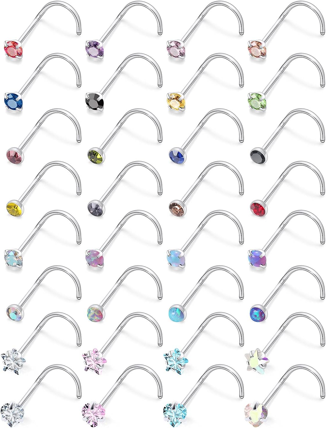 20g Nose Rings Studs Diamond Opal Piercings Jewelry for Women Hypoallergenic Surgical Steel Straight Corkscrew l Shaped Bars