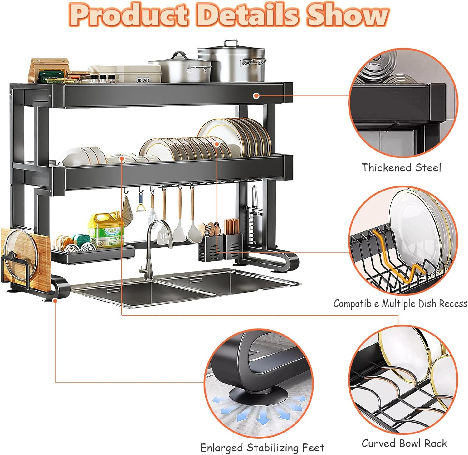 調節可能なシンク上水切りかご、マルチバスケット、調理器具ホルダー、スポンジキャディ付き。省スペースキッチンで効率的な乾燥収納。