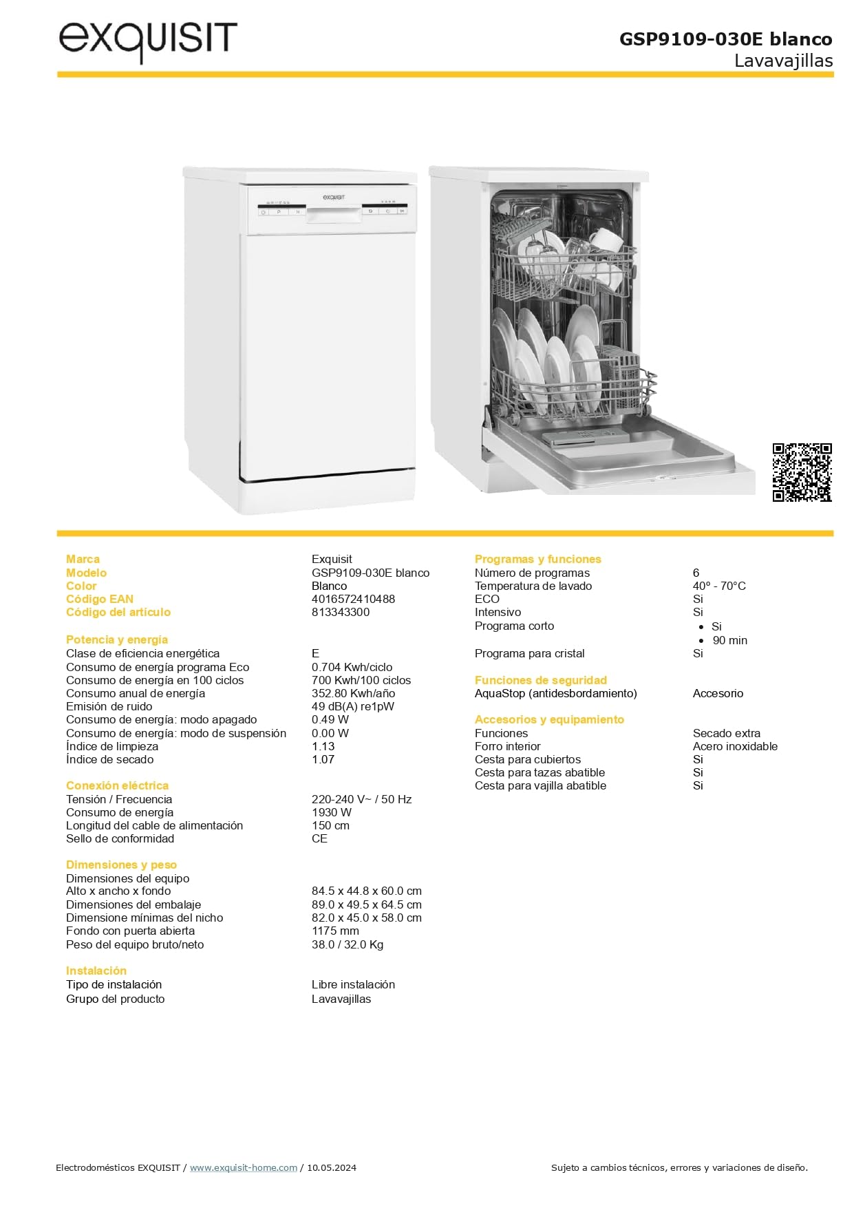 Exquisit® Lavavajillas 45Cm, Clase E, Color Blanco, 9 Servicios, 6 Programas, Cesto Regulable, Funciones Extra Seco y Media Carga, Interior Inox, Consumo 70 kWh/año, Medidas 84,5x44,8x60 Cm.
