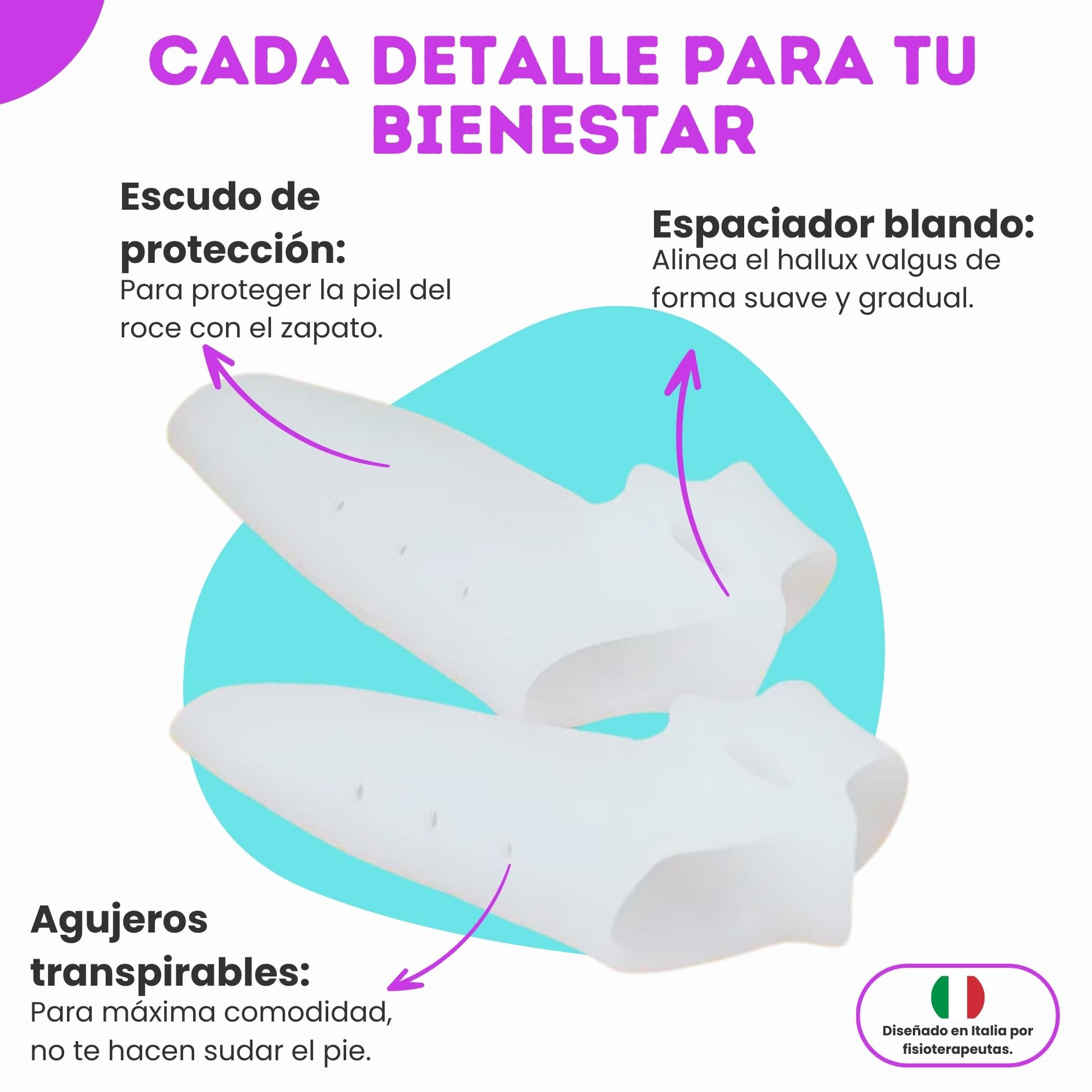 Corrector de juanetes con protección de silicona, 3 pares/6 piezas, blanco
