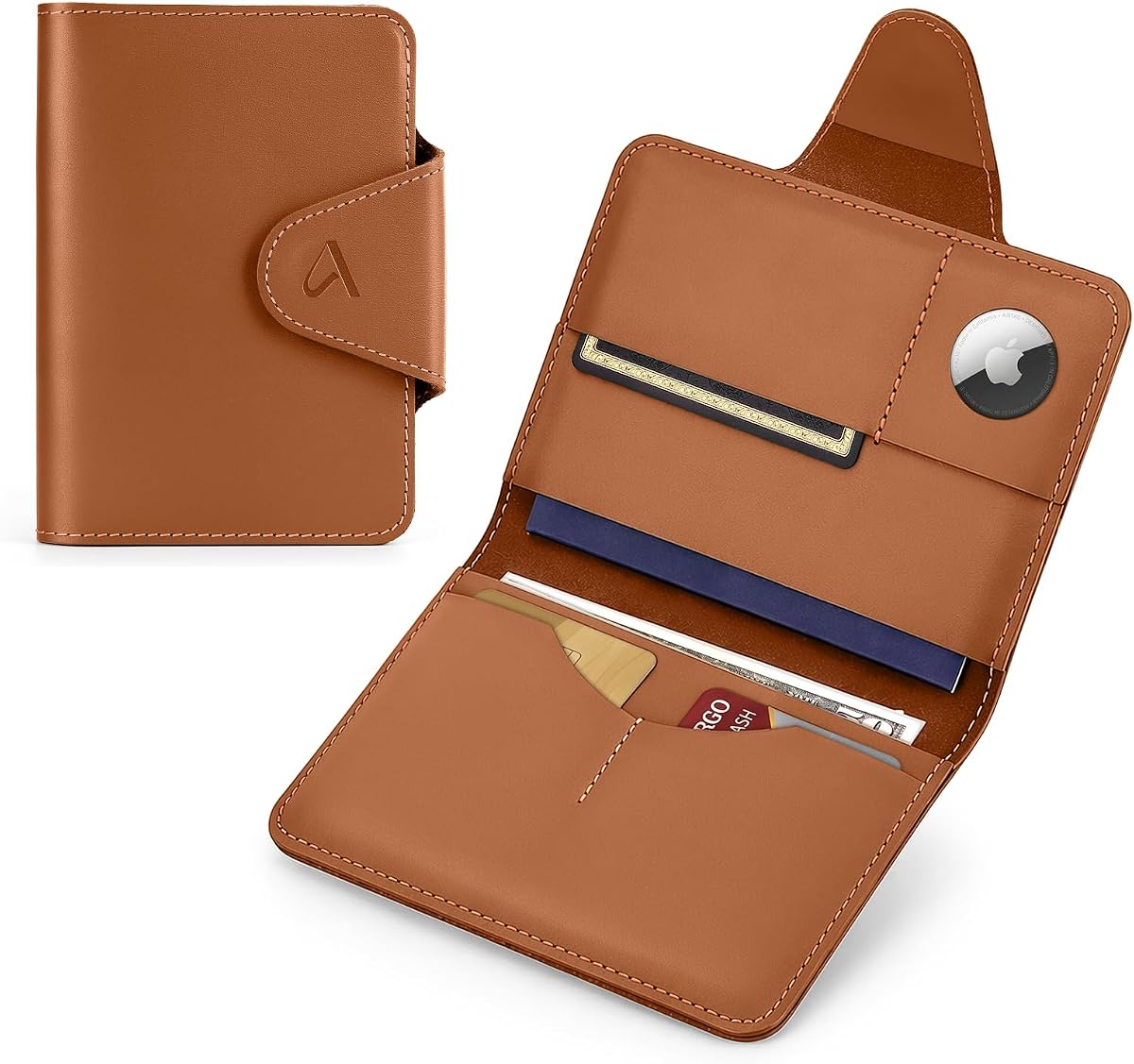 RFID Blocking Passport Holder for Travel Essentials, Genuine Leather Passport Wallet with Built-in AirTag Slot, Magnetic Closure Passport Cover Case for Women and Men, Travel Gifts (Caramel)