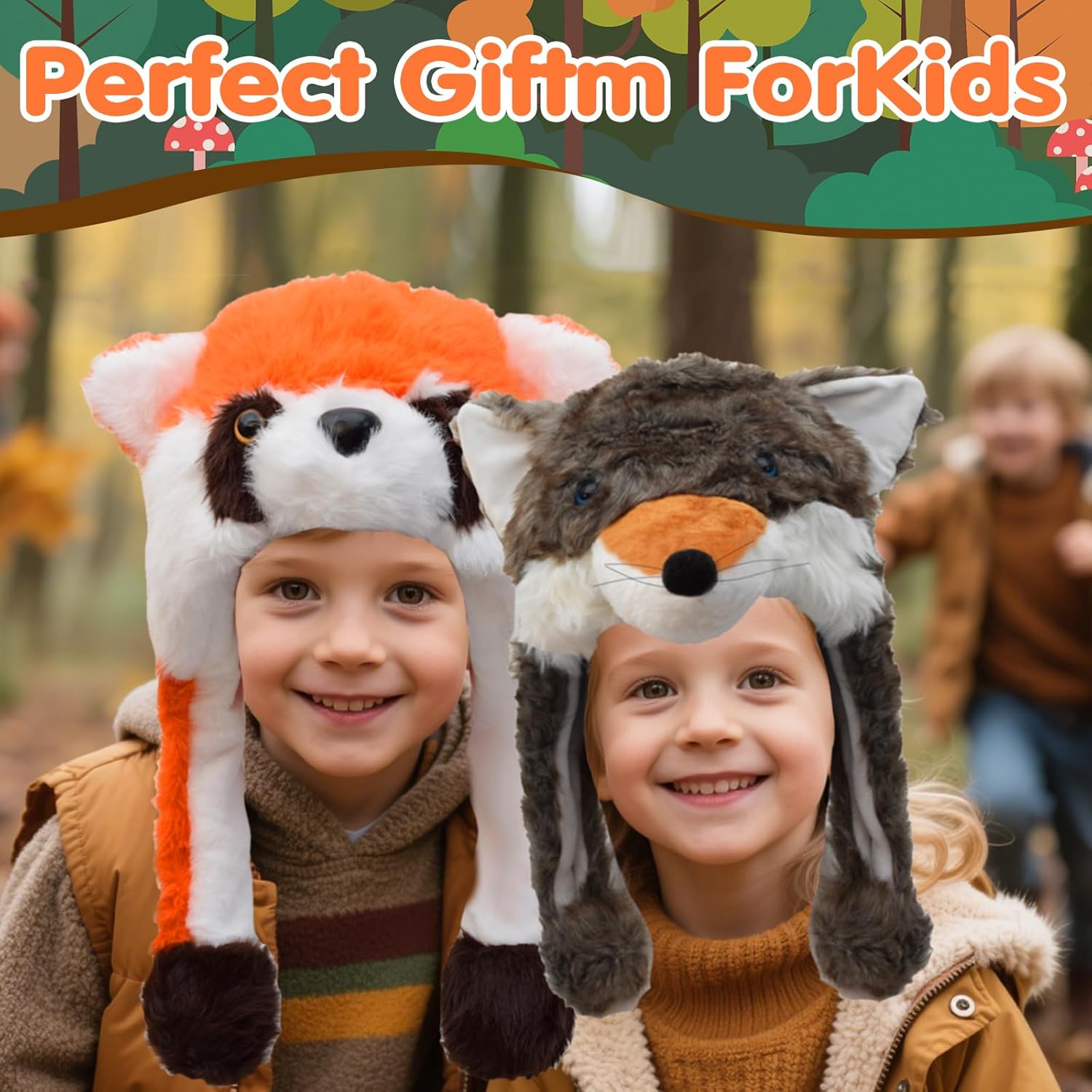 2 Pack Animal Hat Fox and Raccoon Plush Fun Jungle Animal Hats One Size Cap Polyester With Fleece Lining - Image 5