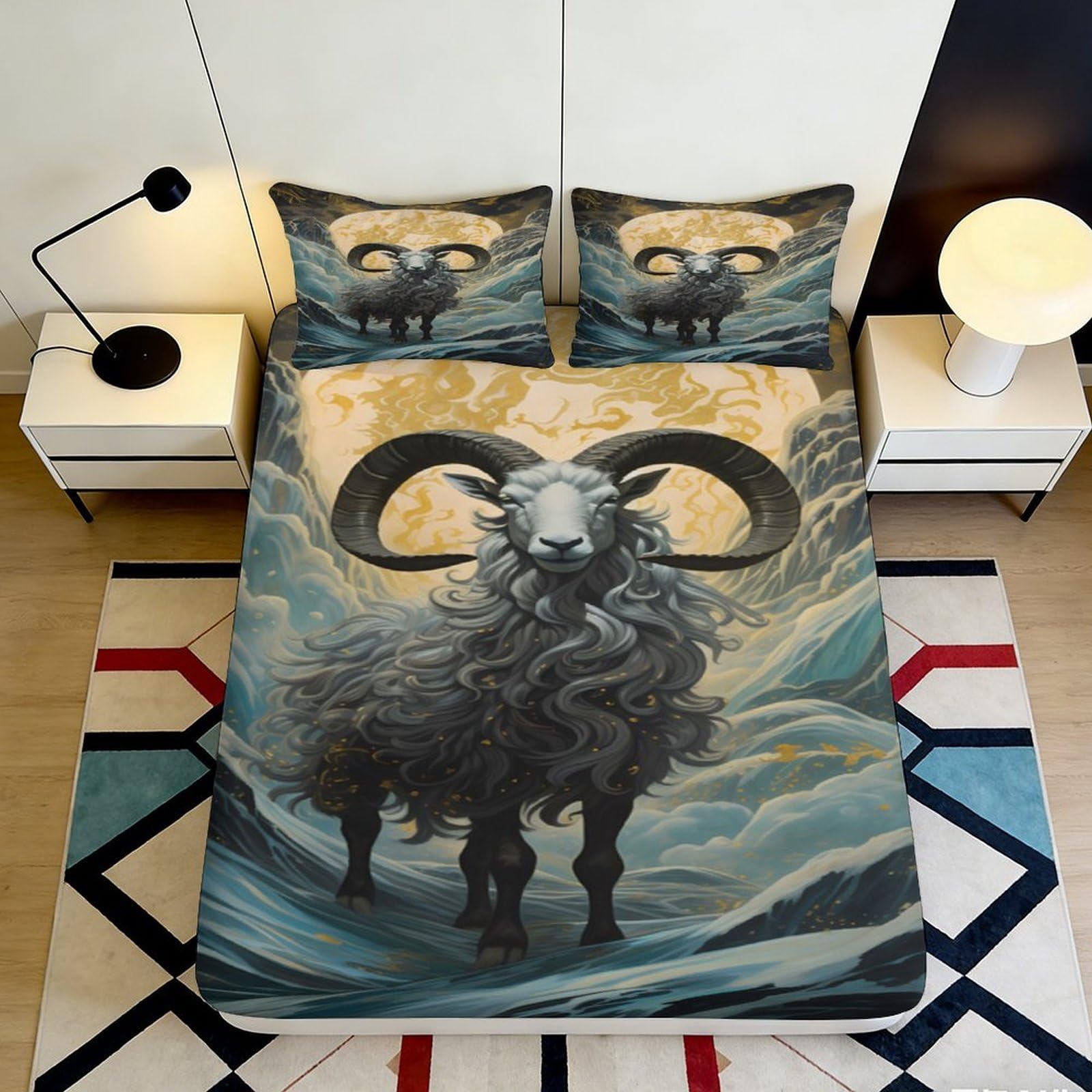 3D Printed Ram Mountain Fitted Sheet Microfiber Anti-Slip Mattress Cover for Bedroom Dorm Easy Care Decor 180x200x25cm