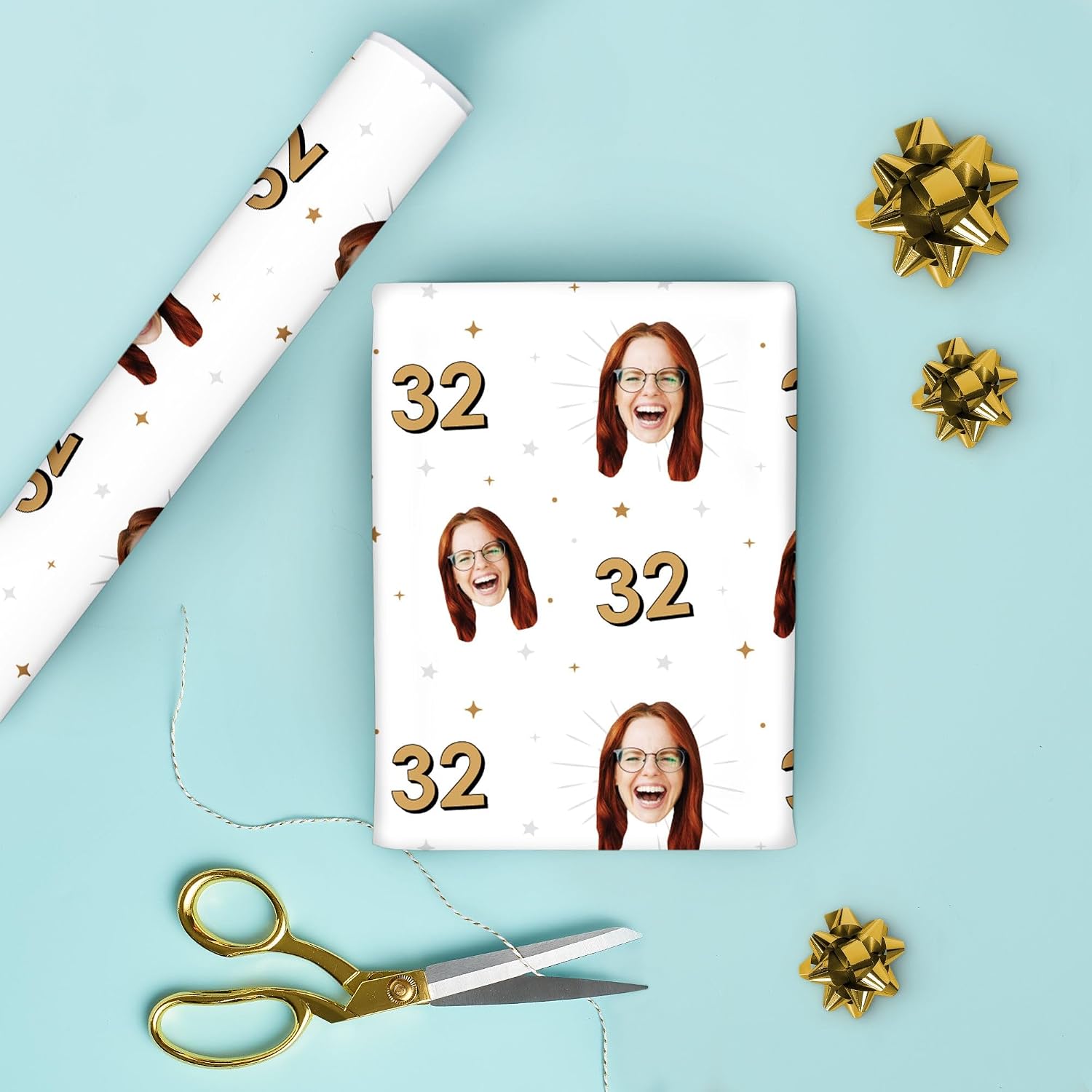 Big Dot of Happiness Custom Photo & Age Birthday Wrapping Paper Roll, Adult Gold Birthday Party Decor, Personalized Fun Face Gift Wrap, 24 in x 7 feet, 1 Roll