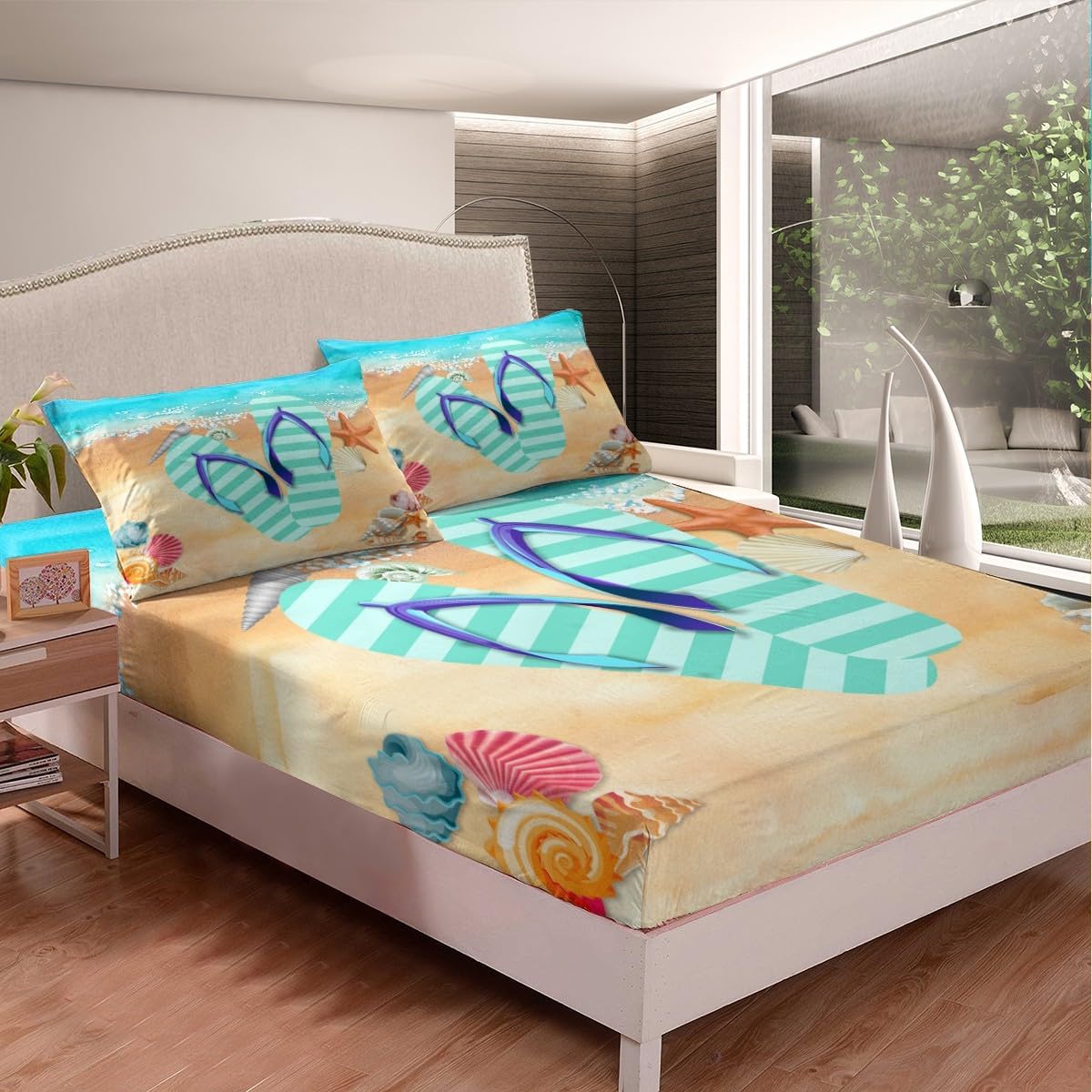 Homewish Stripes Flip Flop Fitted Sheet Queen Size Starfish Shell Bedding Set Summer Cool Sheet Set,Ocean Beach Bed Cover Ultra Soft Breathable Bedspread for Kids Teens Boys，No Flat Sheet