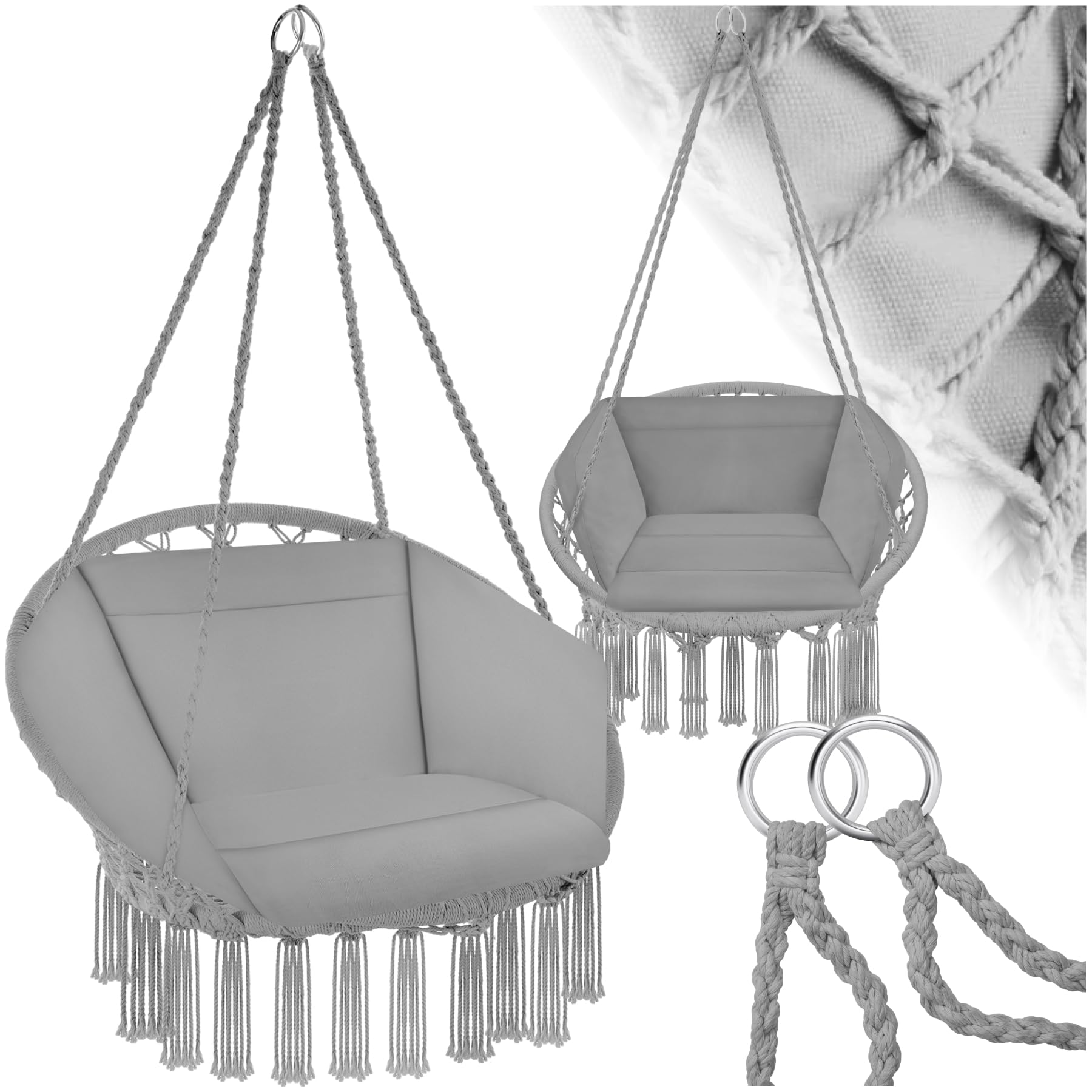 tectake® Columpio Jardín Exterior, Silla Colgante con Cojín Grande y Mullido, Sillón Balancín con Estructura Estable de Acero, Hamaca Colgante para Interior y Exterior, Trenzado en Algodón - Gris