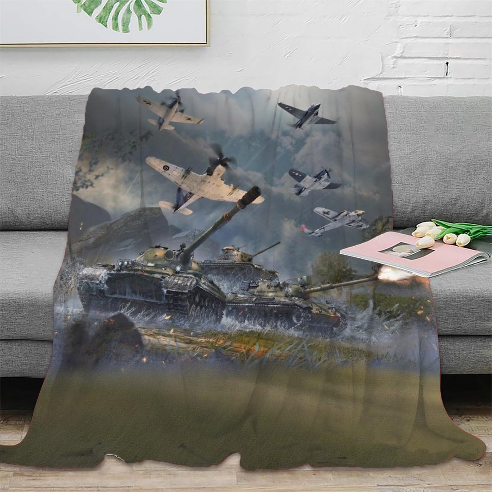 XiaopangXY Super Soft Throw Blanket WW II Airplane Premium Silky Flannel Fleece 3D WW2 Tanks Lightweight Bed Blanket 50x60inch(127x152cm) All Season Use
