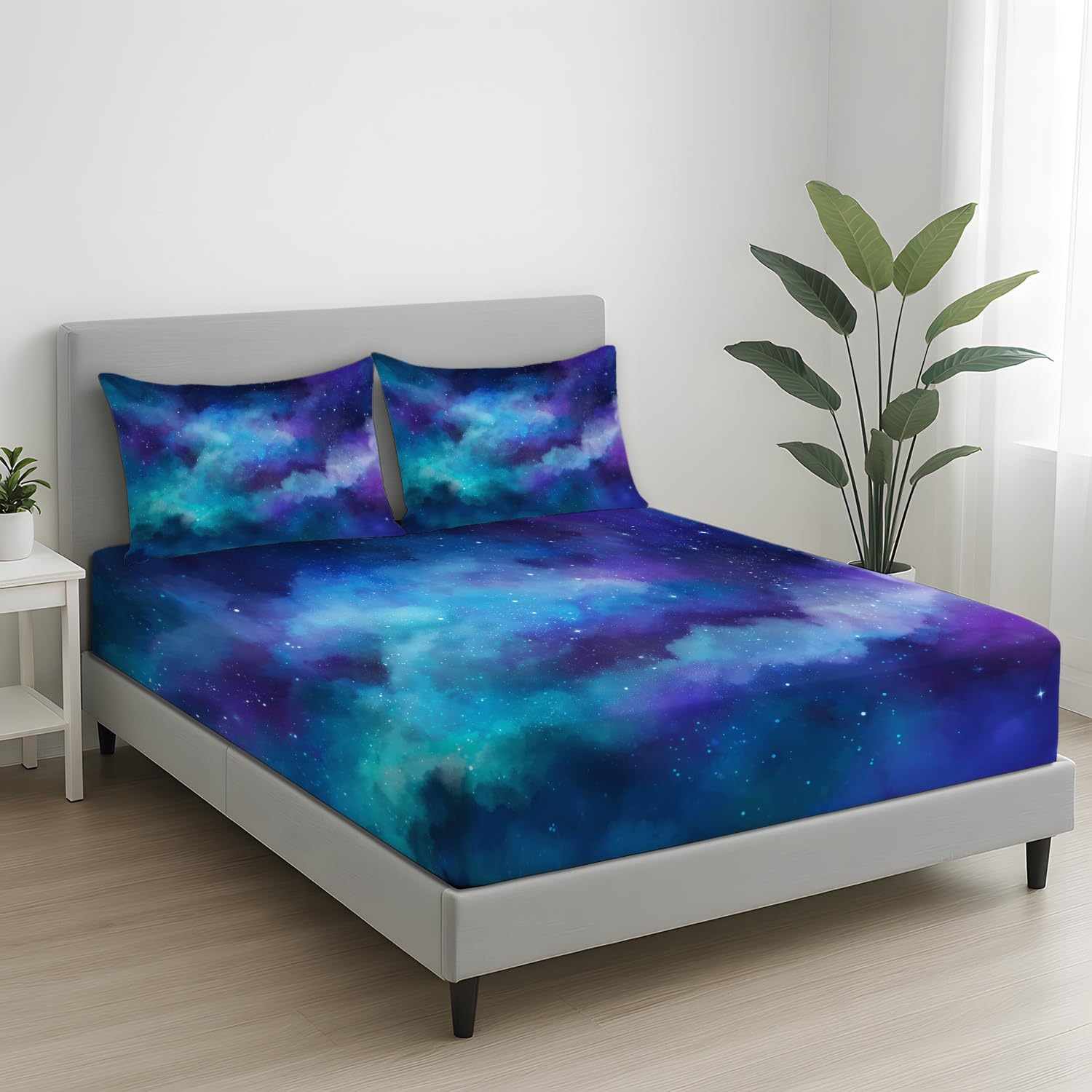 Traumhaft Sternenhimmel Spannbetttuch Fantasie Kosmos Galaxie Nebel Spannbettlaken 200 x 200 x 30 cm 3teilig Mikrofaser Bettwäsche Set mit 2 Kissenbezüge 80 x 80 cm Kein Flachbettlaken
