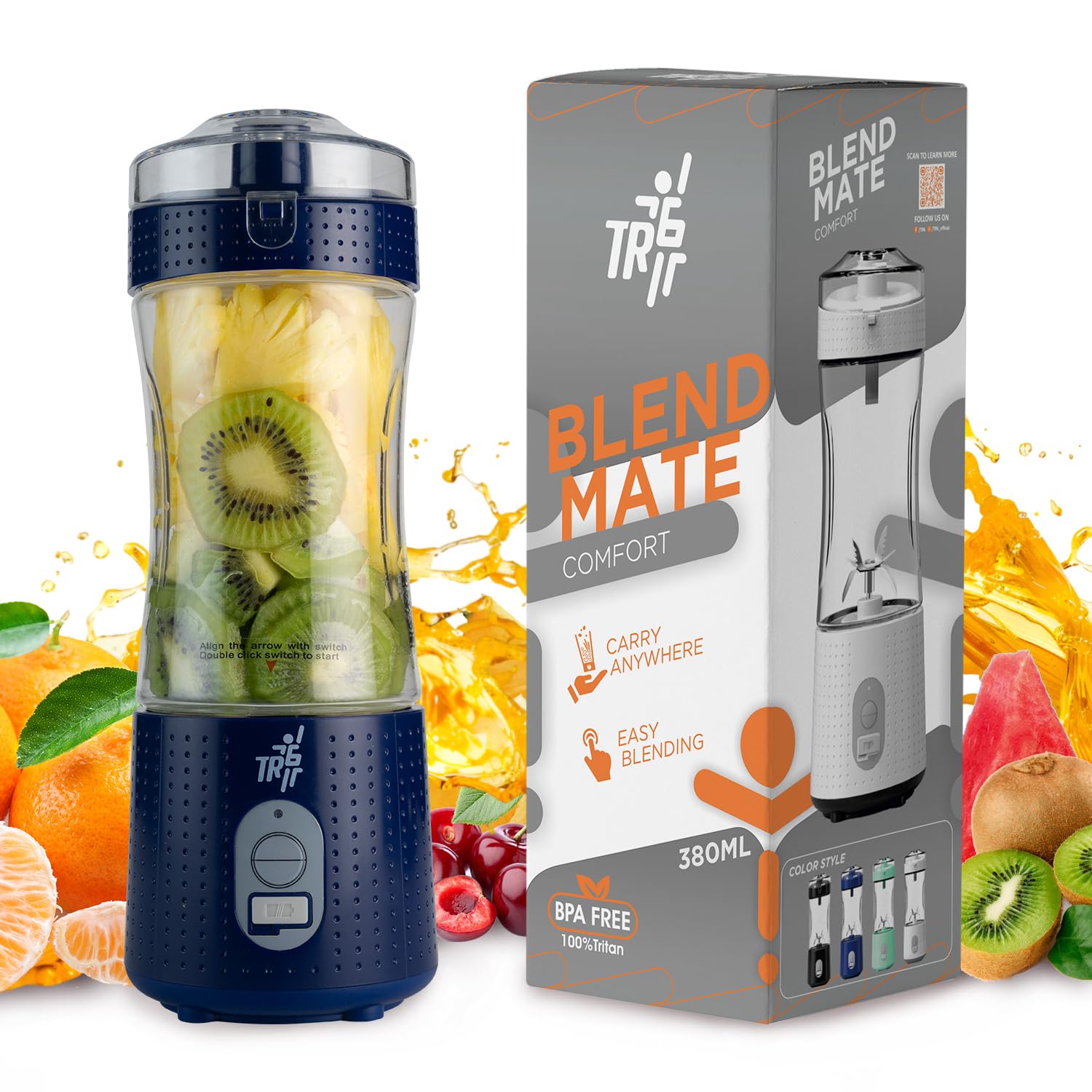 TR6 Blendmate Comfort Portable Blender for Smoothies, Protein Shakes & Ice Crushing – 380ML Capacity, Tritan Material, 4000mAh Battery, USB-C Port, and Sipper Lid (Blue)