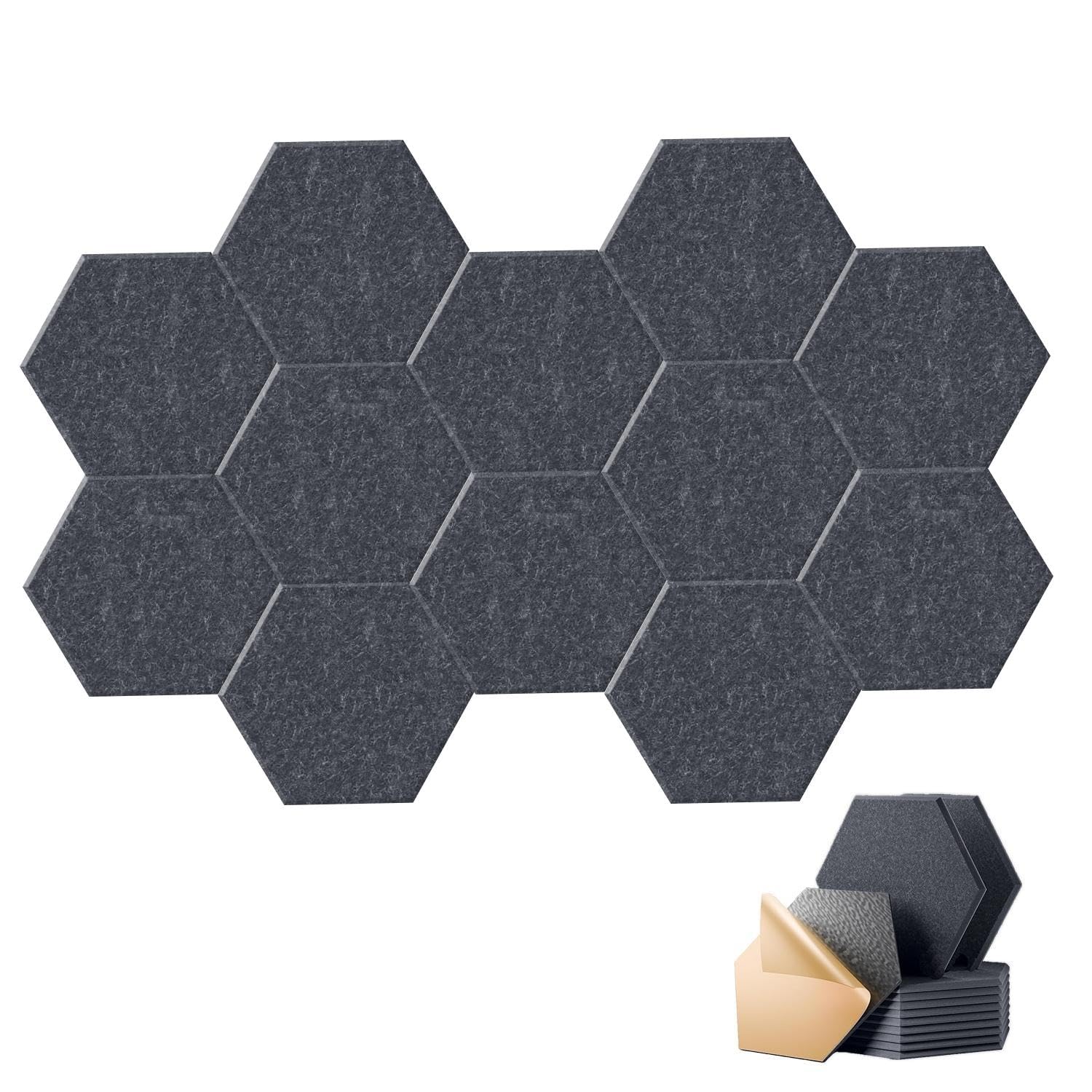 HONORIA Paquete de 12 paneles acústicos, paneles de pared insonorizados, autoadhesivos hexagonales de 12 x 10 x 0.4 pulgadas, paneles de amortiguación de sonido de alta densidad, color gris oscuro
