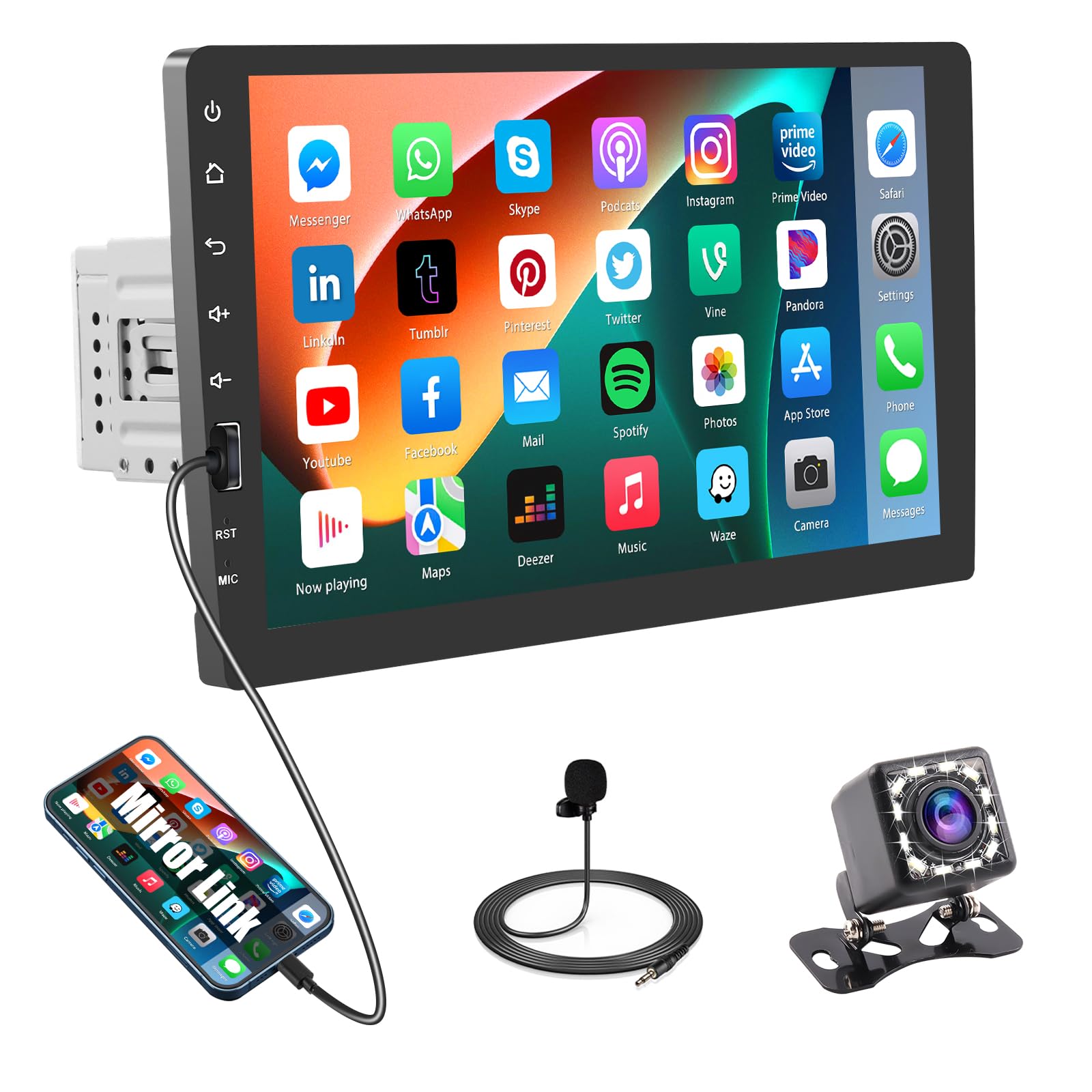 Roinvou 9 Pulgadas 1 DIN Radio Coche Universal con Pantalla Táctil, Mirror Link/Radio FM/USB/EQ/Micrófono/Cámara de Marcha Atrás