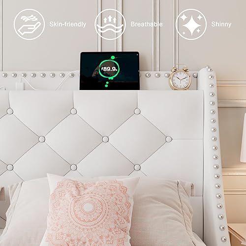 Miniatura 75 de Base de cama tamaño Queen con cabecero de almacenamiento capitoné con botones en la parte trasera y puertos tipo CA, plataforma tapizada, soporte de