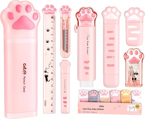 Bonitos suministros escolares, bonitos artículos de papelería japoneses para niños, incluye sacapuntas, borrador, cinta de corrección, regla, mini