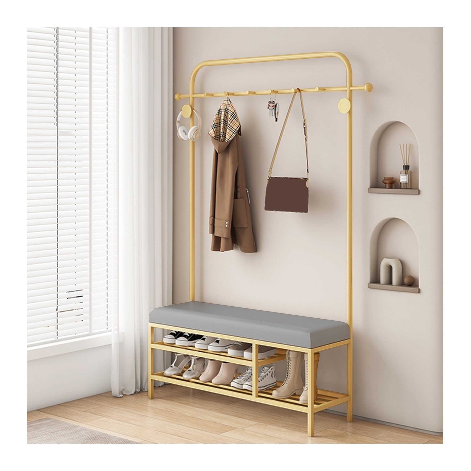 GHFXSCV 3-in-1 Shoe Rack & Coat Rack, Freestanding Entryway Bench with 2-Tier Sto Shelf & 6 Hoo, Coat Tree for Smals, d, Perfect for Hallway, Bedroom, Mudroom, Living Room - 80x150cm