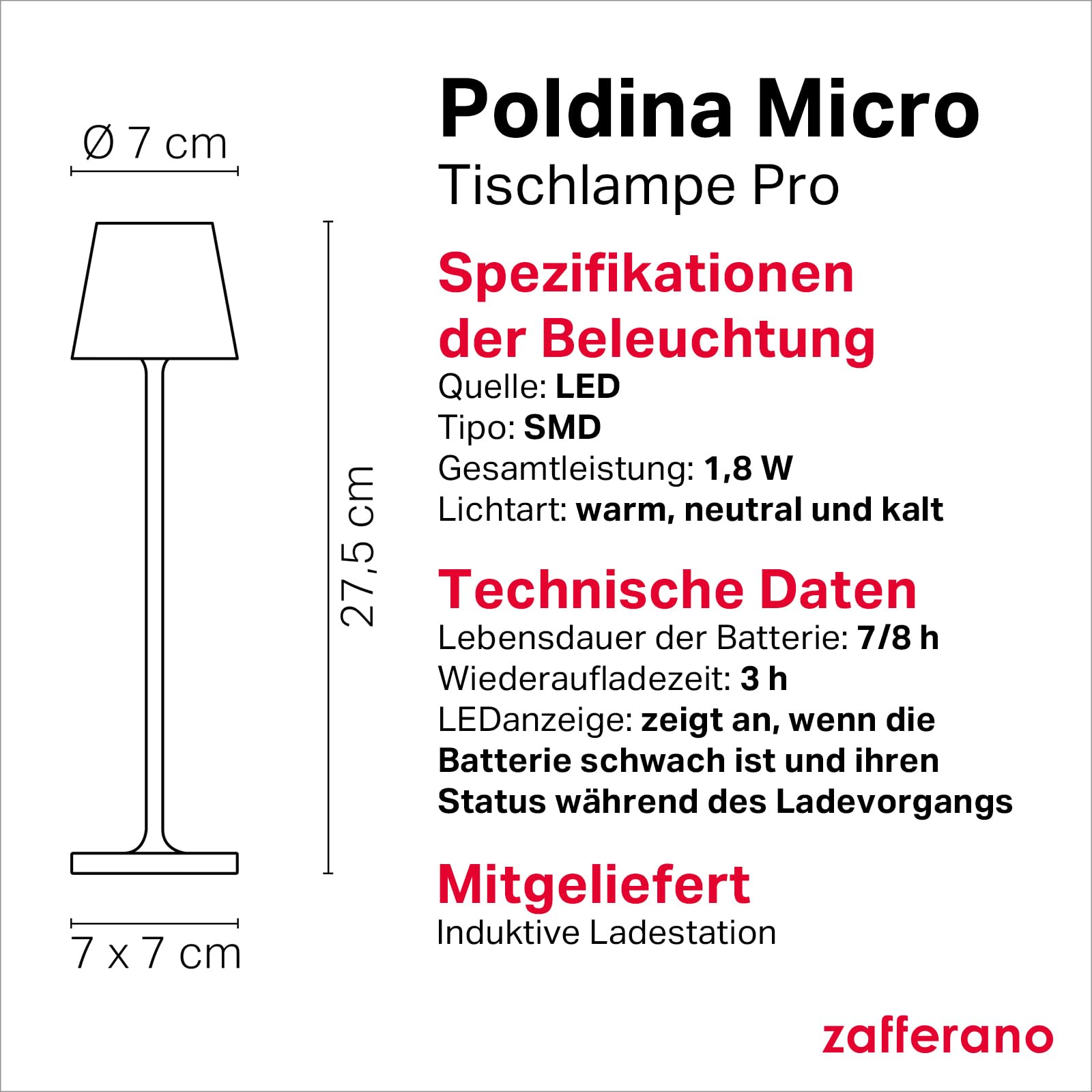 Zafferano, Poldina Micro Lampe, Kabellose, Wiederaufladbare Tischlampe mit Touch Control, Geeignet für Wohnzimmer und Außenbereich, Dimmer, 2200-3000 K, Höhe 27,5 cm, Farbe Rot