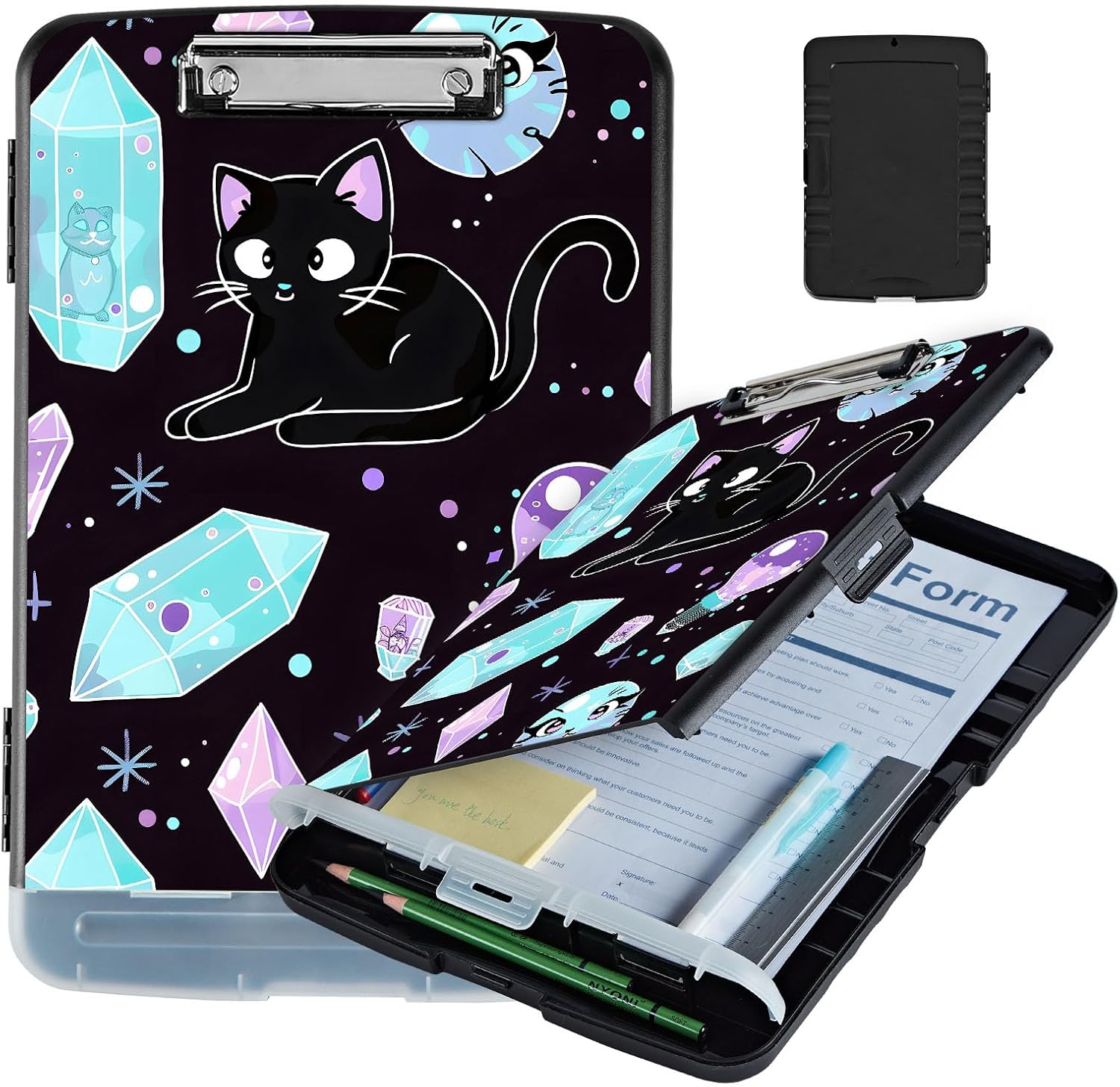 Cute Pattern Design Clipboard with Storage - Lightweight Letter/A4 Size Clipboard, Ideal for Teachers, Nurses, Office Women, and Students - 9.5 x 14.2 Inch(Crystal Cat)