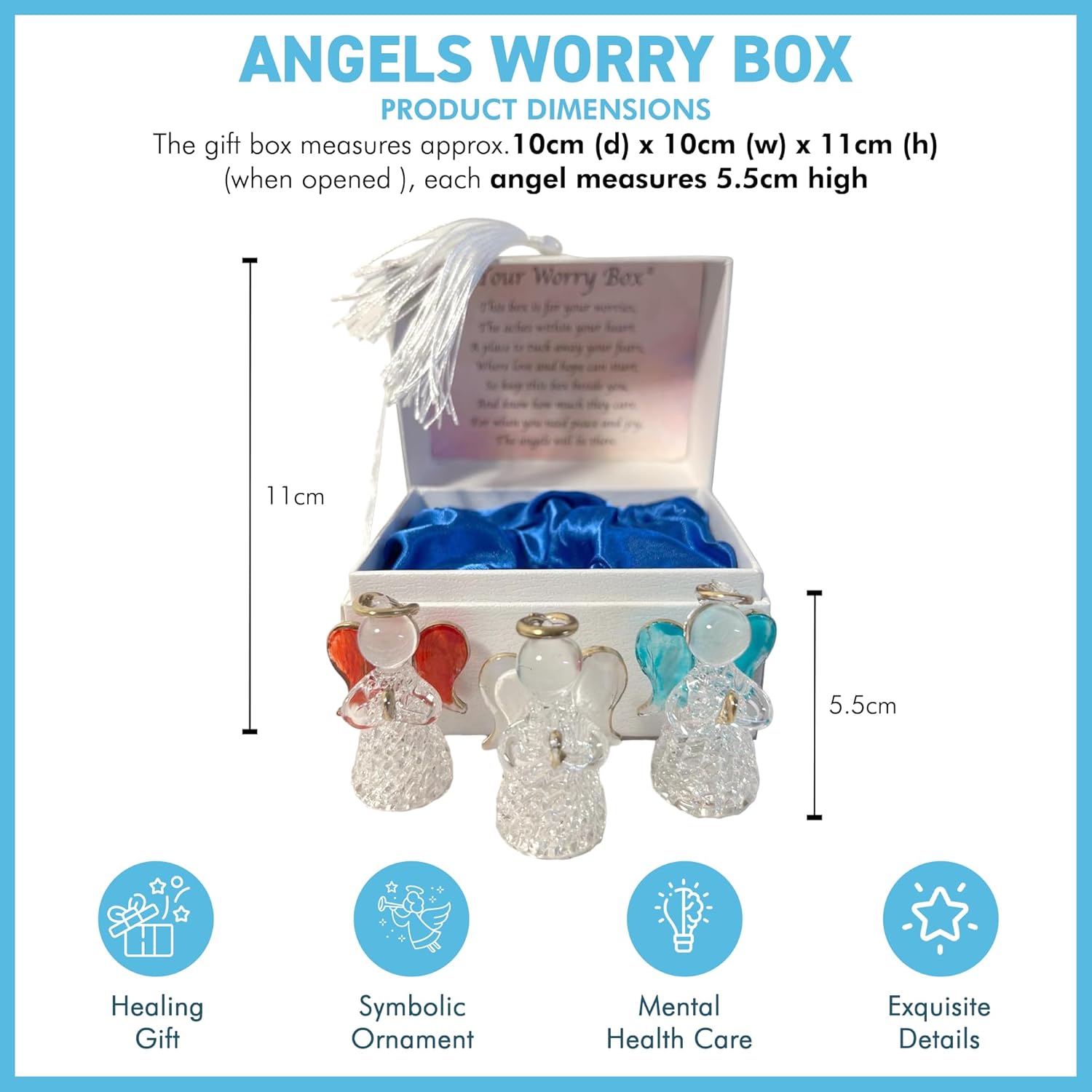 Angels worry box | Mindfulness box | spiritual uplifting verse |mental health |angel worry box for your loved ones | Includes 3 glass worry angels with gilded wings | Gift packaging | Guardian angel
